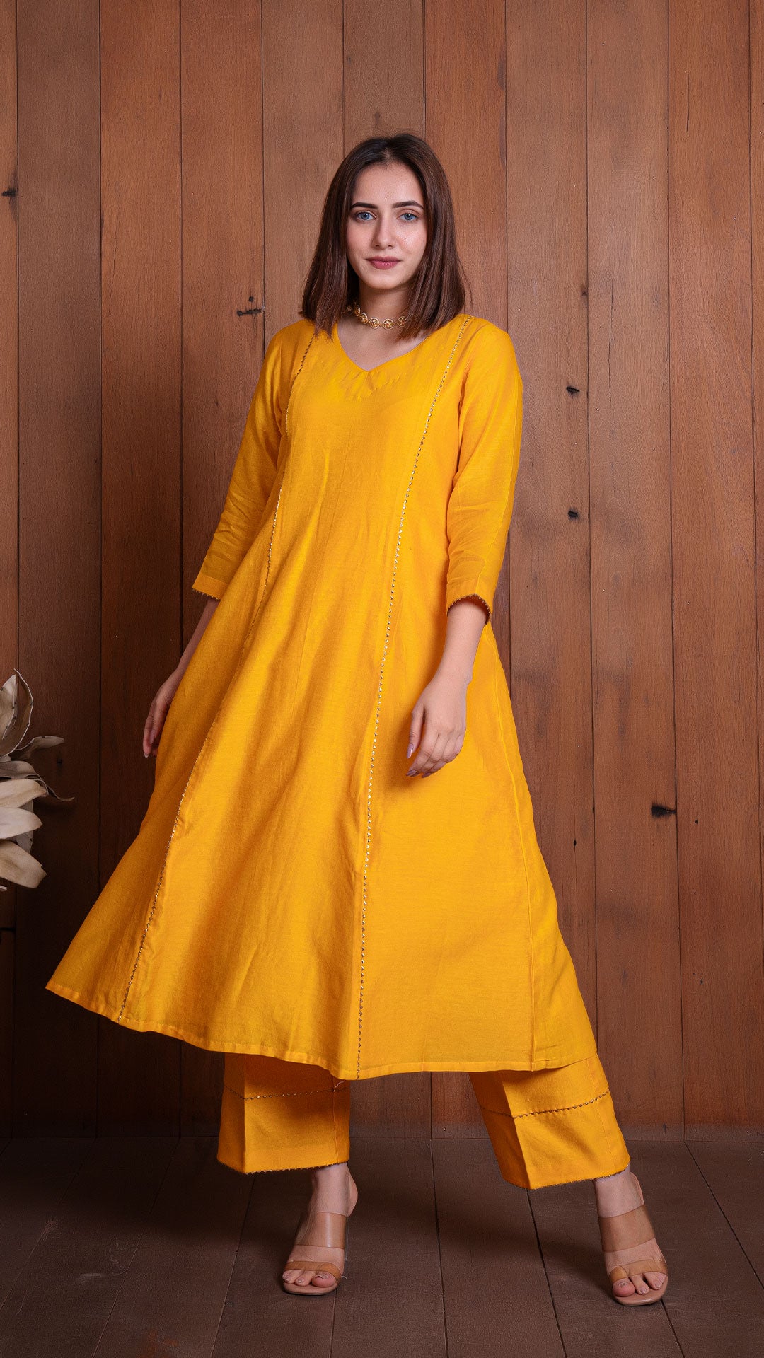 YELLOW CHANDERI KALI KURTA SET