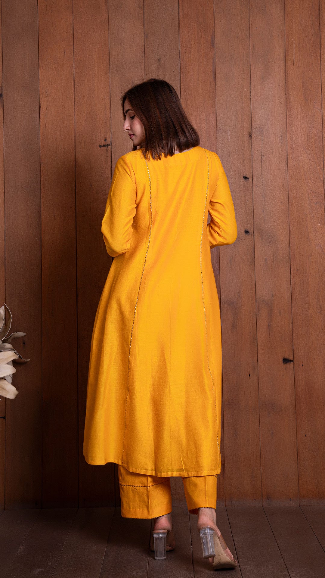 YELLOW CHANDERI KALI KURTA SET