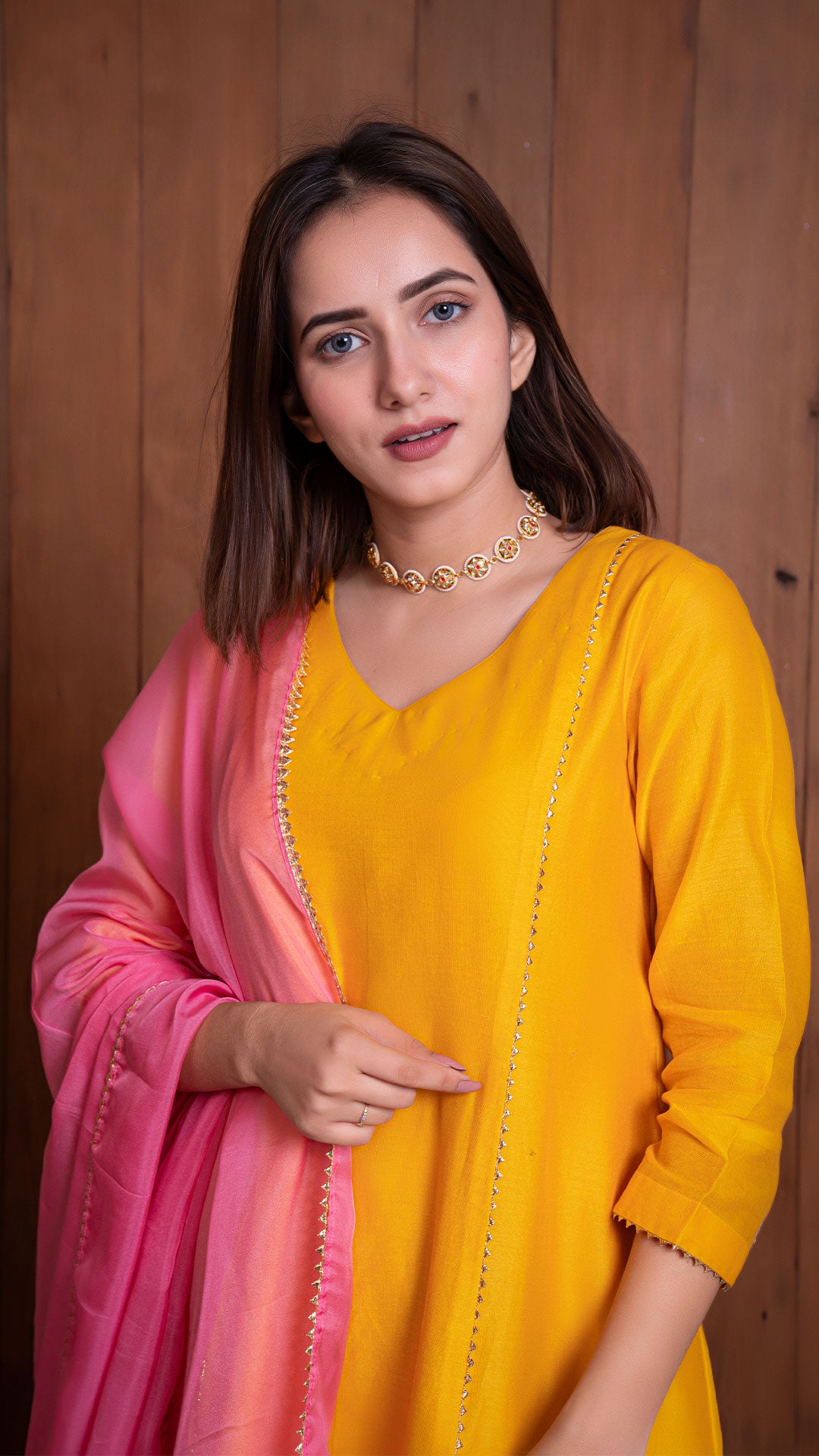 YELLOW CHANDERI KALI KURTA SET