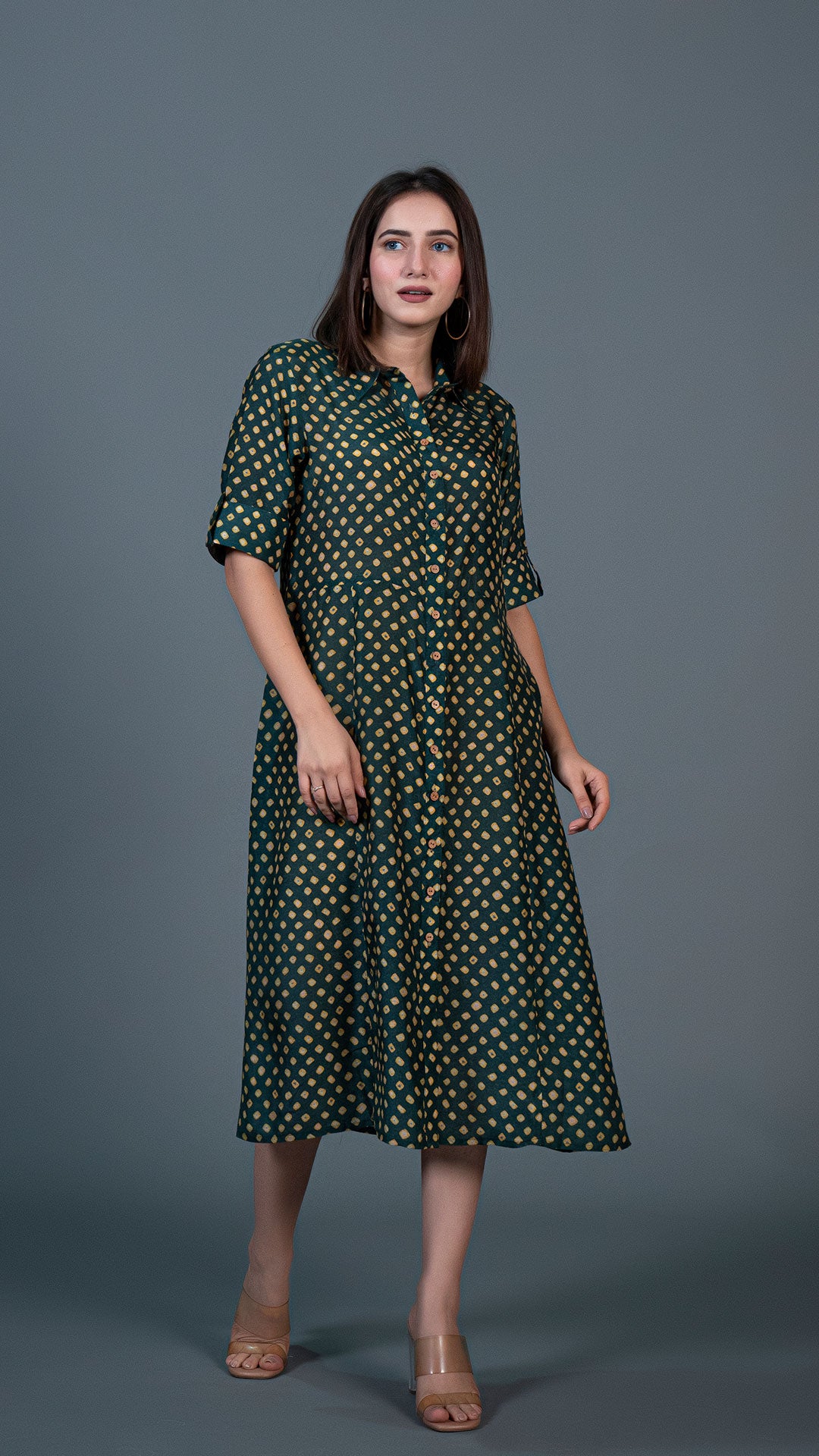 DARK GREEN BANDHANI PRINT COTTON SILK SHIRT DRESS