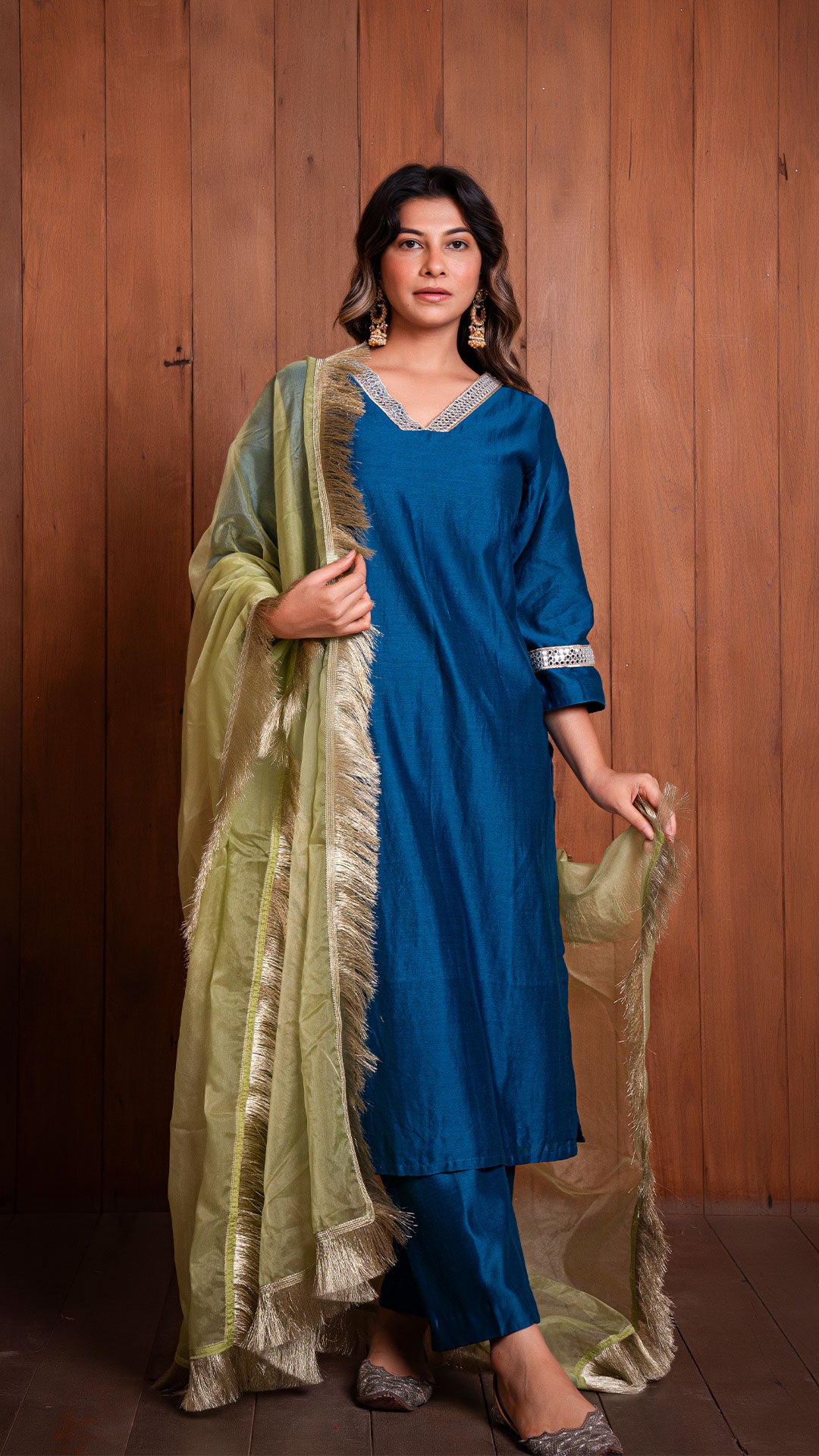 PEACOCK BLUE CHANDERI KURTA SET