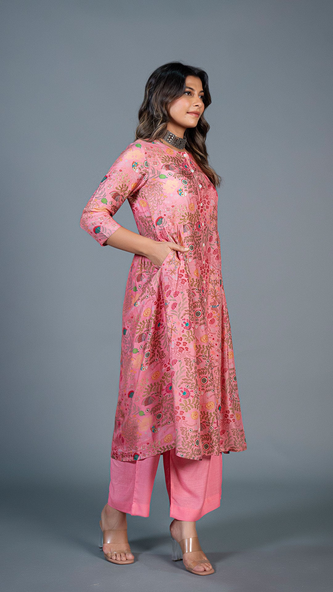 BLUSH PINK UNDER THE SEA PRINT PLEATED KURTA IN COTTON SILK