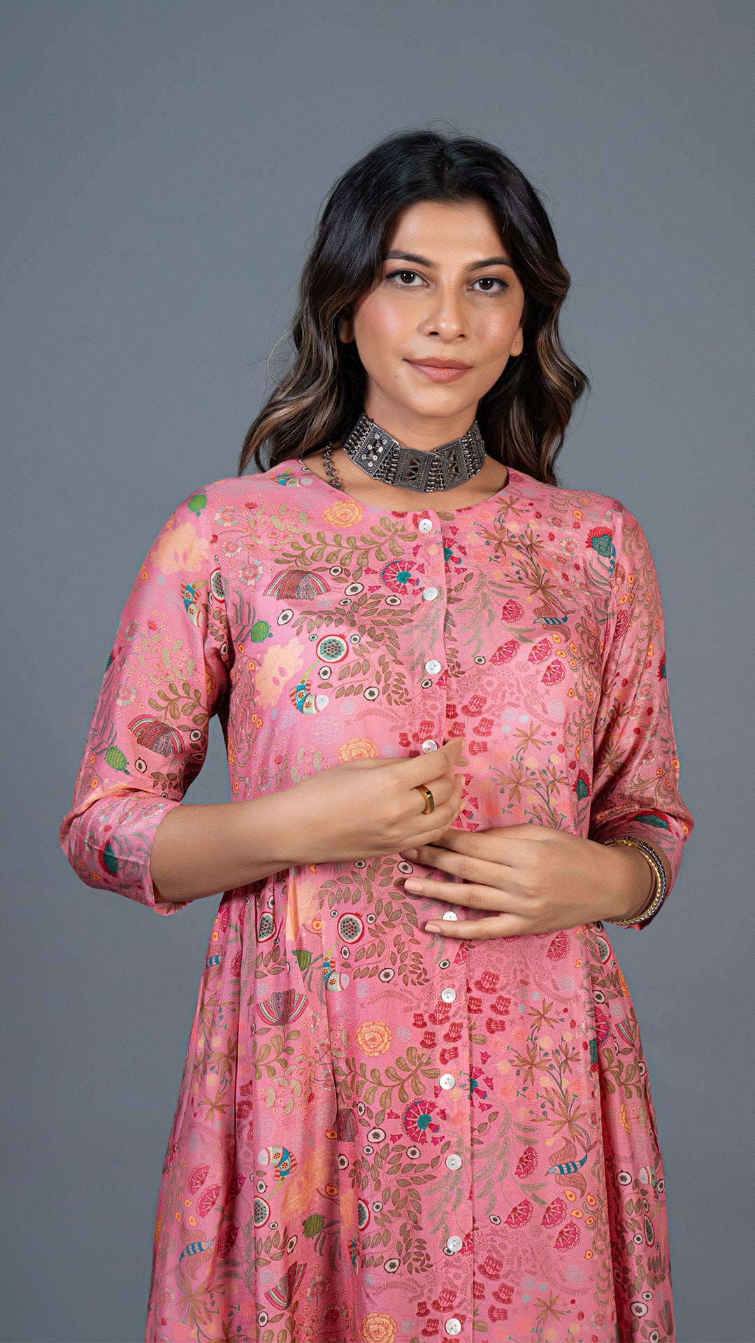 BLUSH PINK UNDER THE SEA PRINT PLEATED KURTA IN COTTON SILK