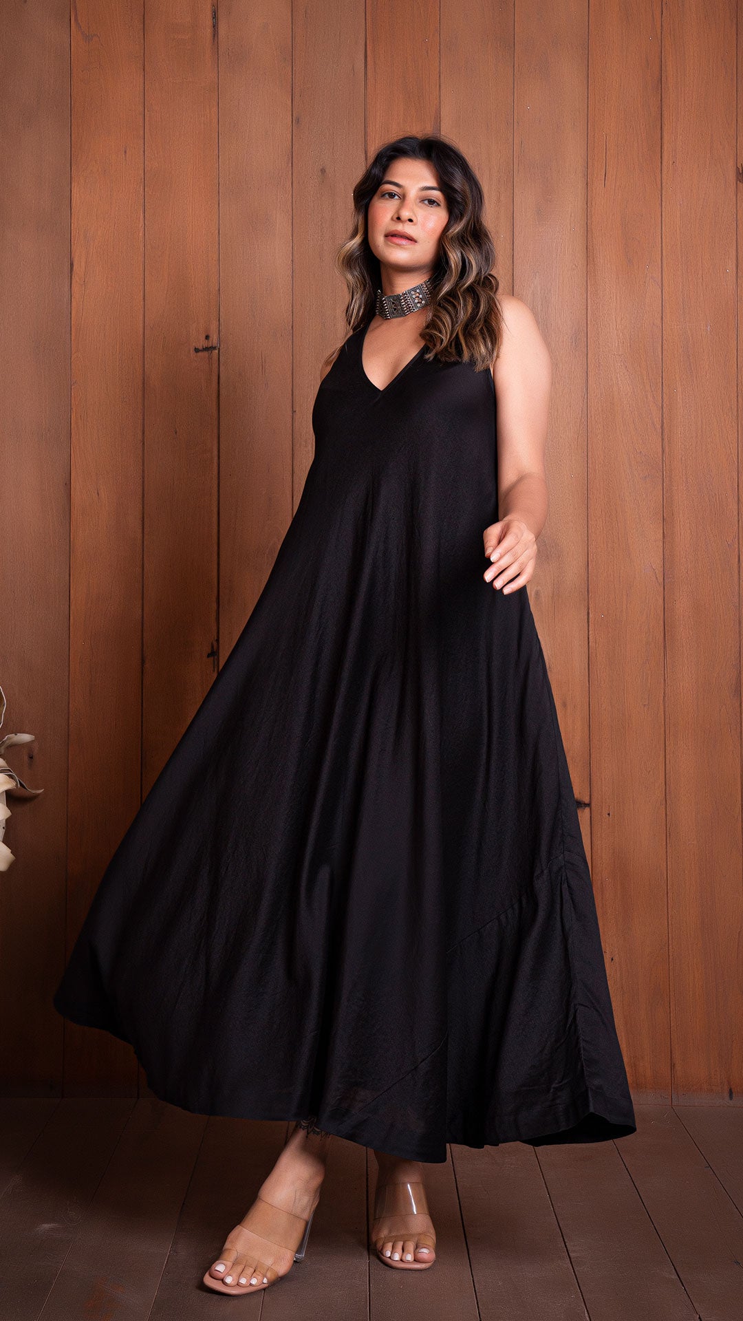 BLACK HALTER NECK FLARED DRESS IN CHANDERI SILK