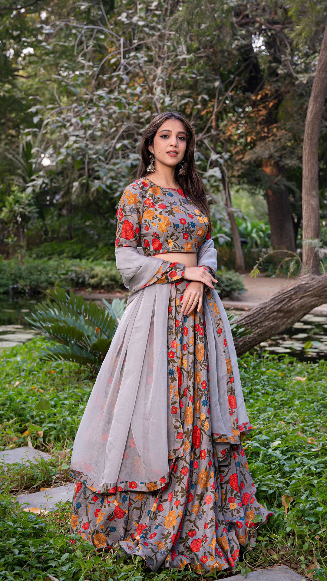 FLORAL FANTASY SILK LEHENGA SET - GREY