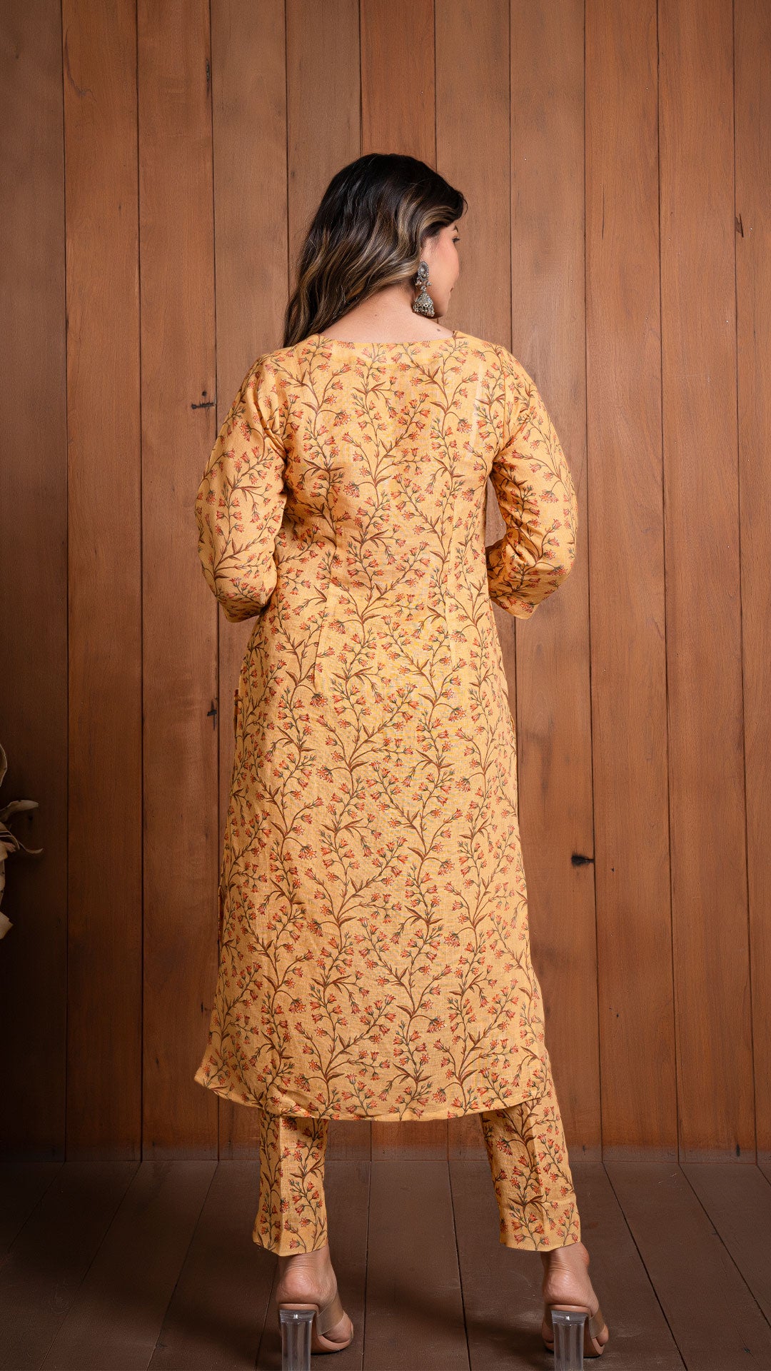 MUSTARD FLORAL JAAL PURE LINEN KURTA