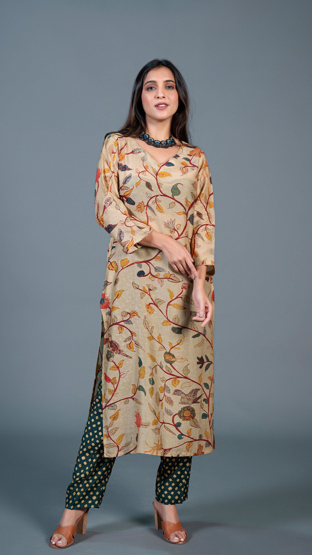 BEIGE KALAMKARI PRINT KURTA IN COTTON SILK