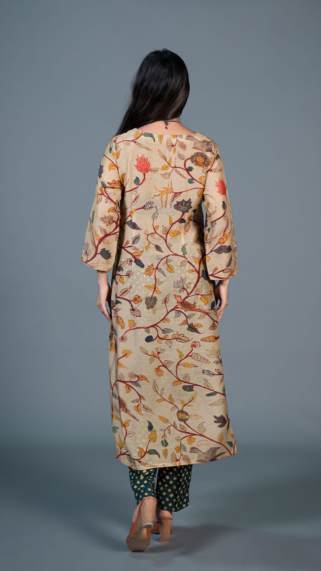 BEIGE KALAMKARI PRINT KURTA IN COTTON SILK