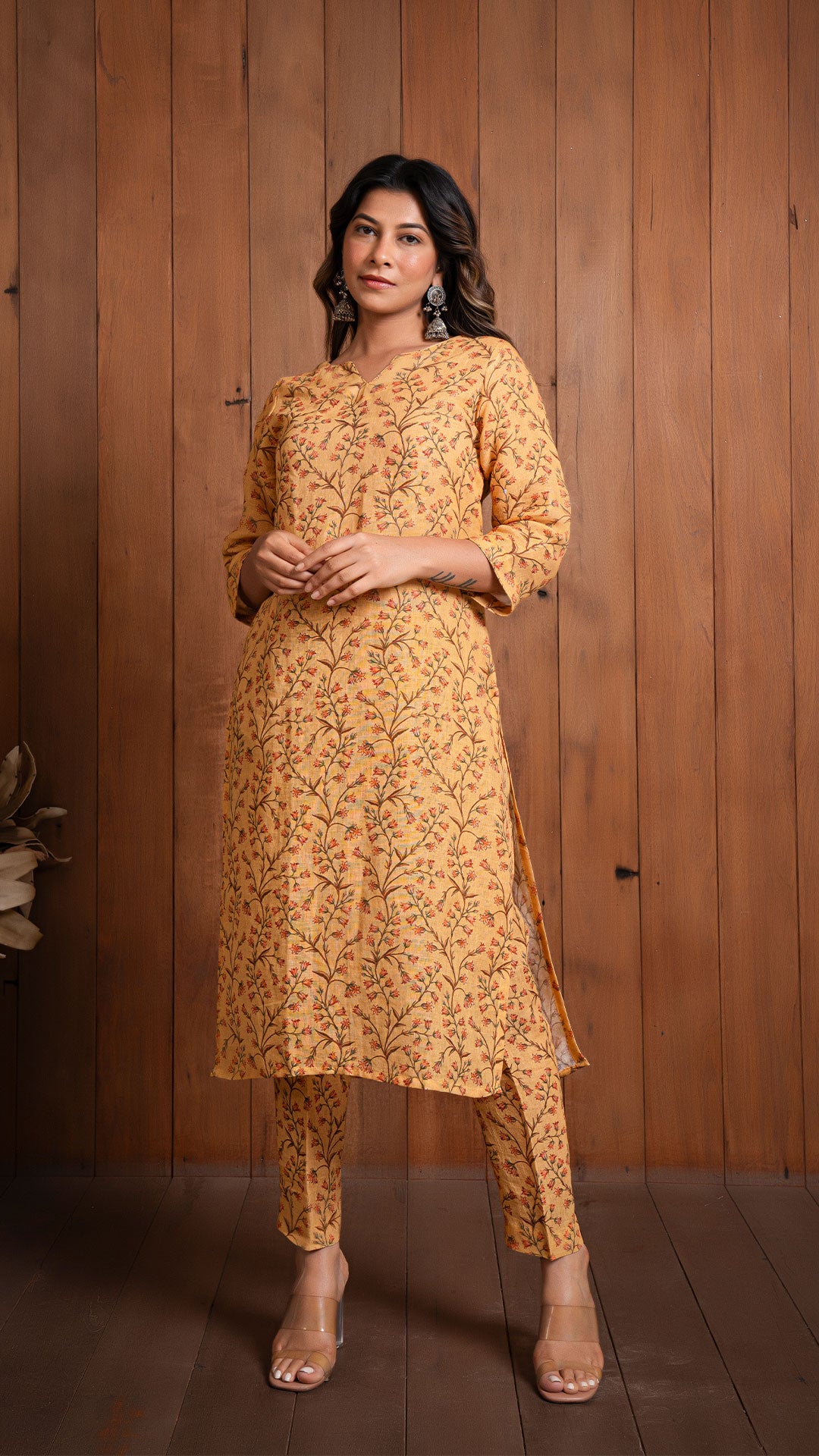 MUSTARD FLORAL JAAL PURE LINEN KURTA