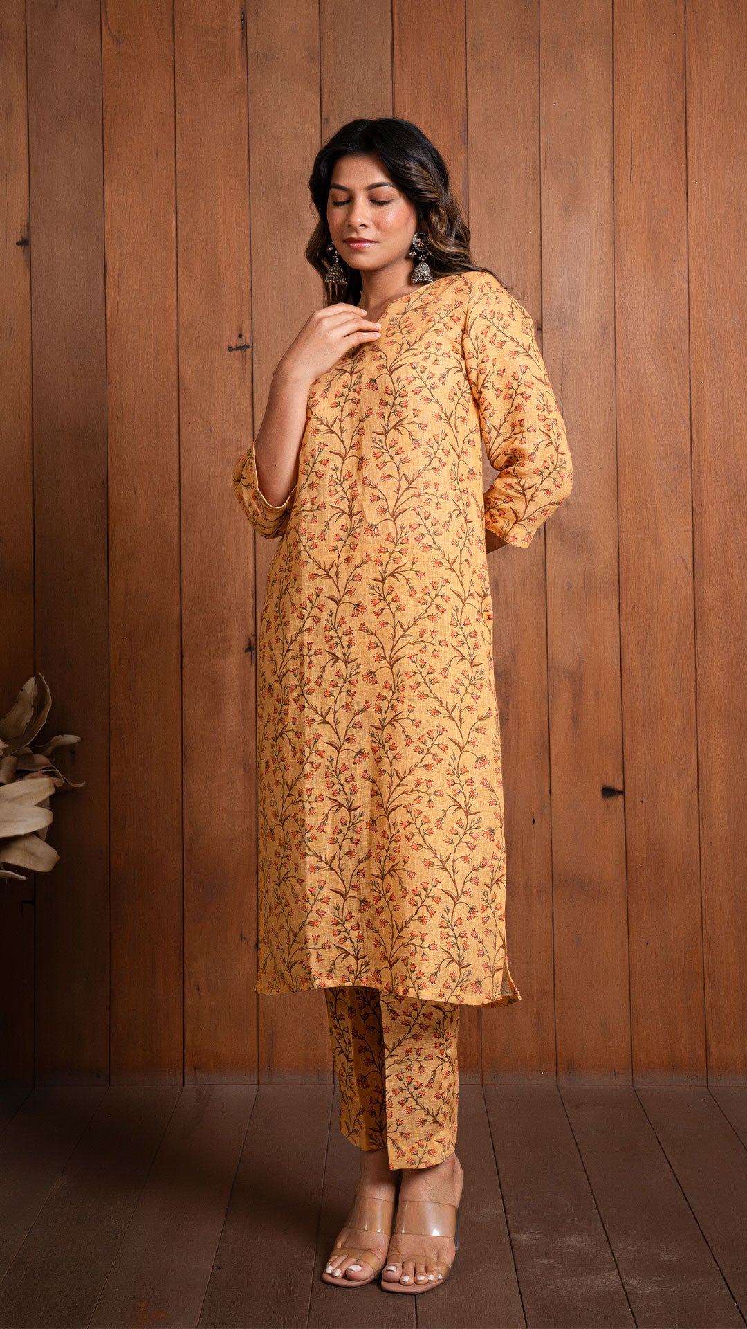 MUSTARD FLORAL JAAL PURE LINEN KURTA