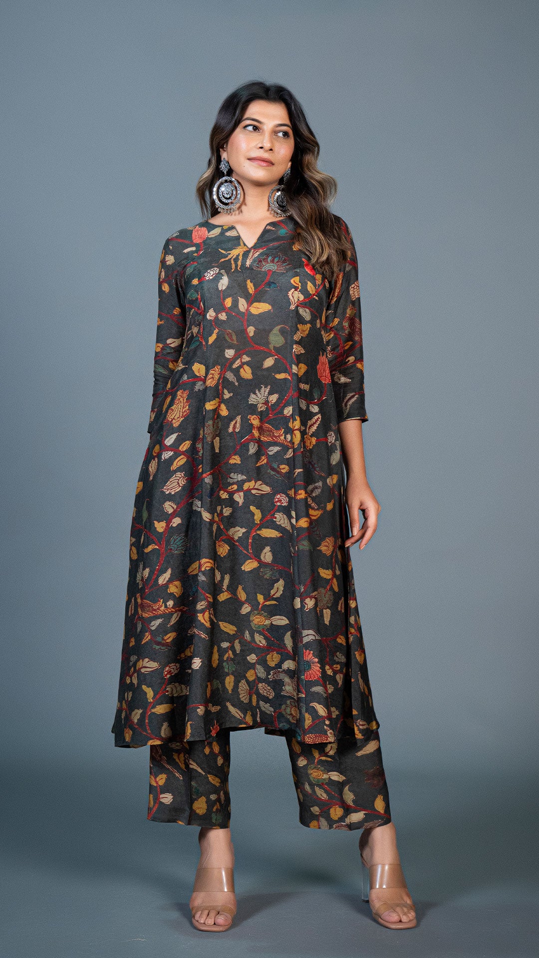 DARK GREEN KALAMKARI PRINT KALI KURTA IN COTTON SILK