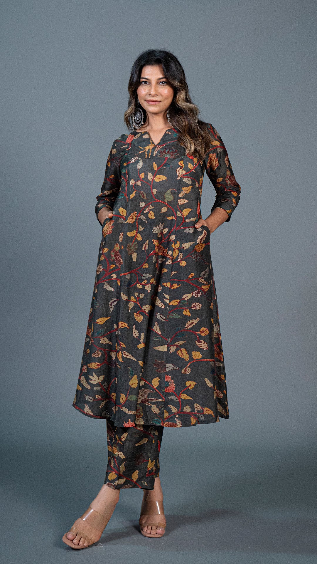 DARK GREEN KALAMKARI PRINT KALI KURTA IN COTTON SILK