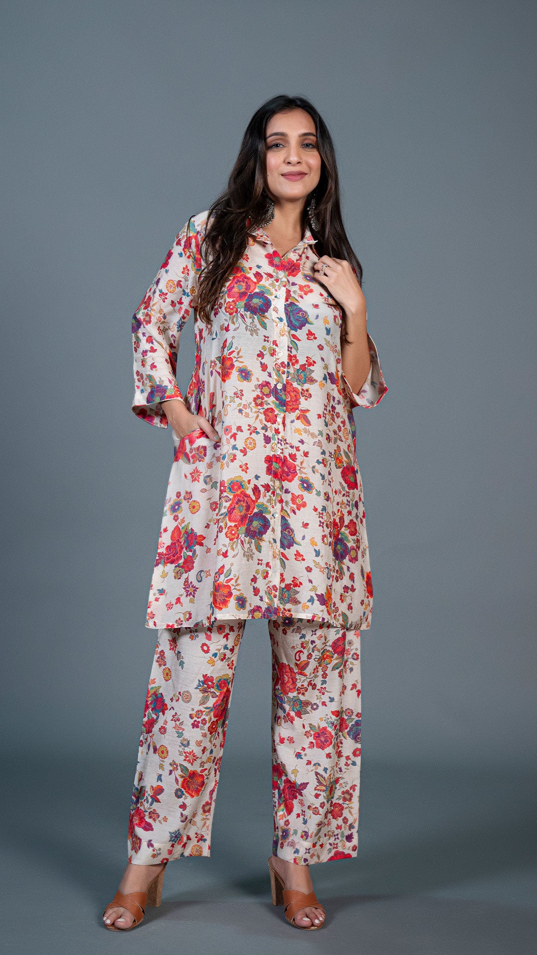 OFF WHITE FLORAL PRINT COTTON SILK CO-ORD SET