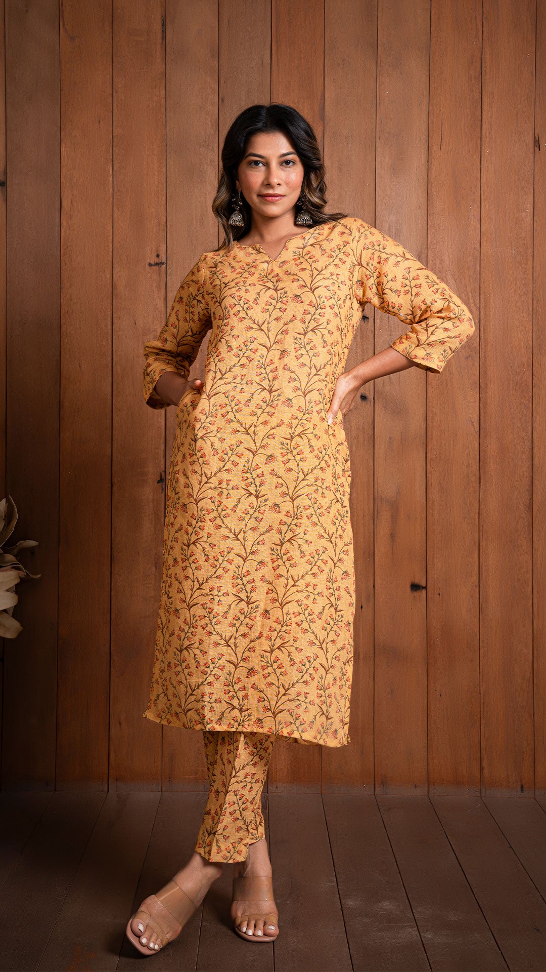 MUSTARD FLORAL JAAL PURE LINEN KURTA