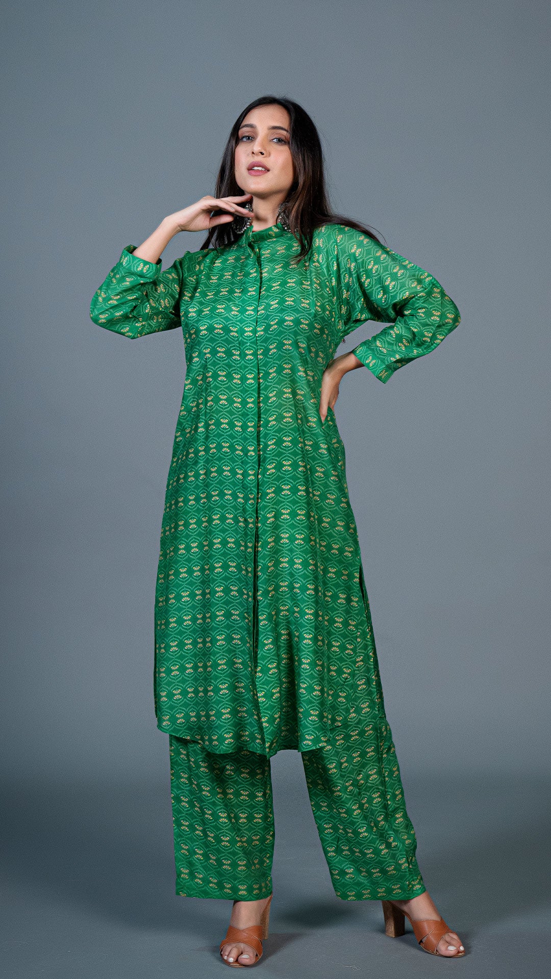 BRIGHT GREEN PRINT CO-ORD SET IN COTTON SILK