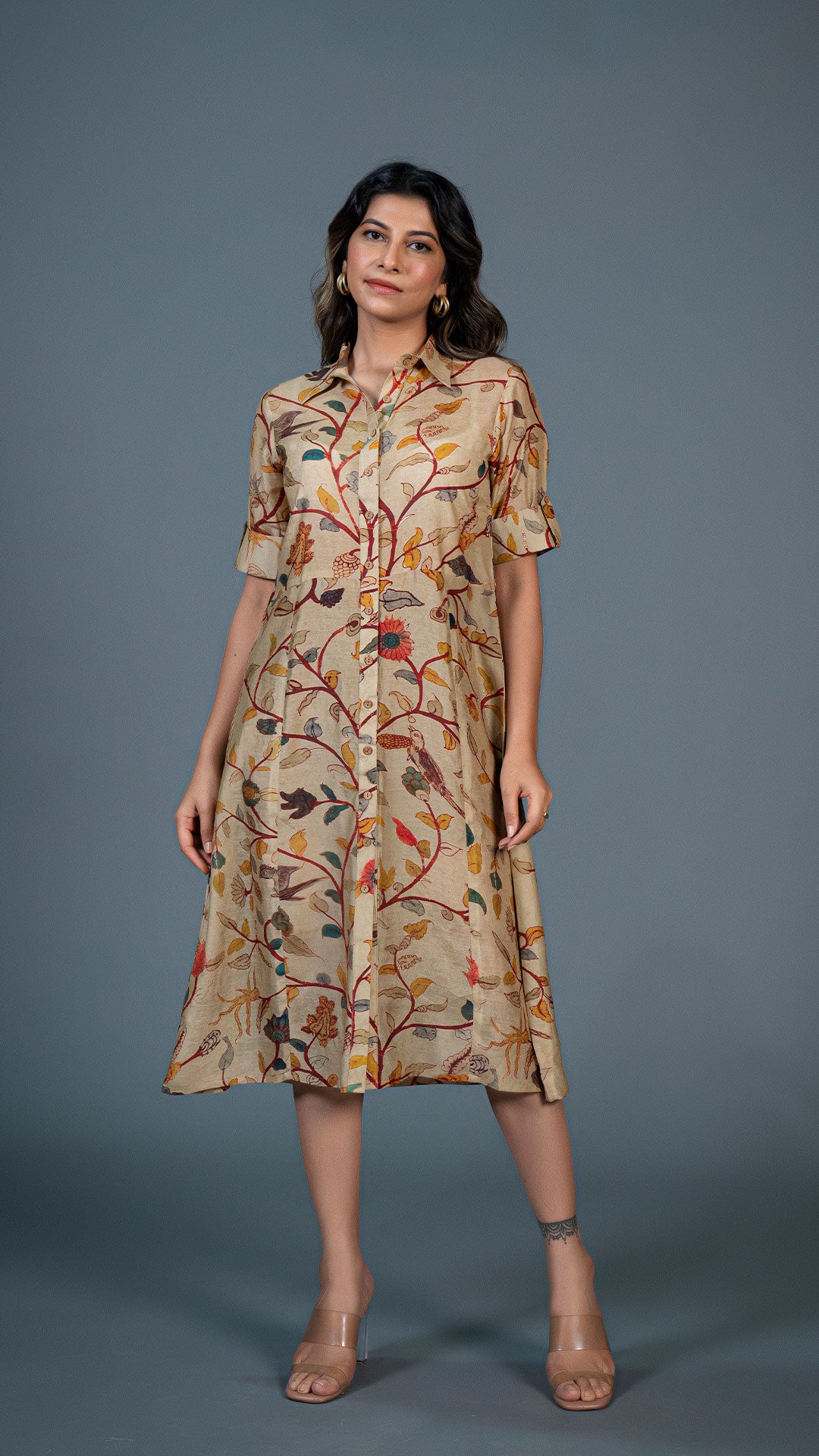 BEIGE KALAMKARI COTTON SILK SHIRT DRESS