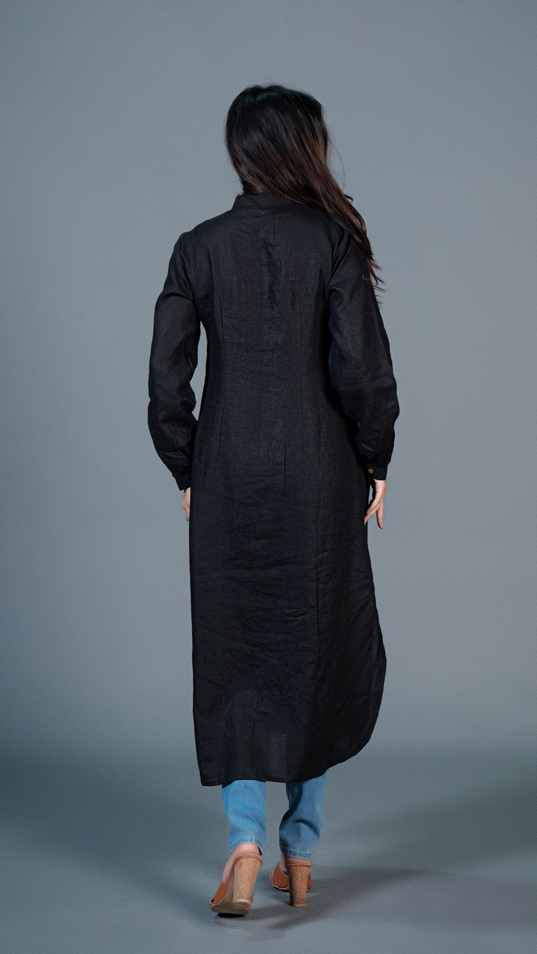 BLACK JABHA STYLE LINEN KURTA