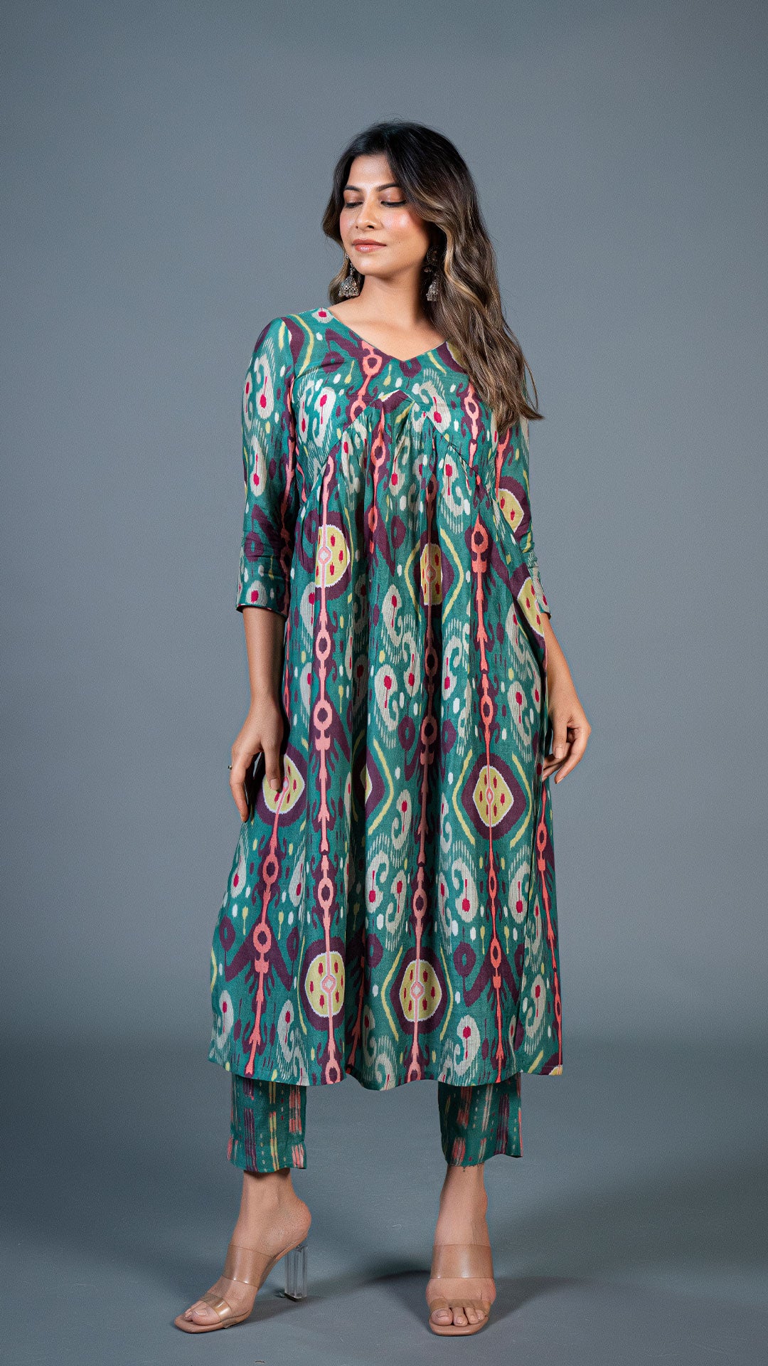 GREEN IKKAT PRINT PLEATED KURTA IN COTTON SILK