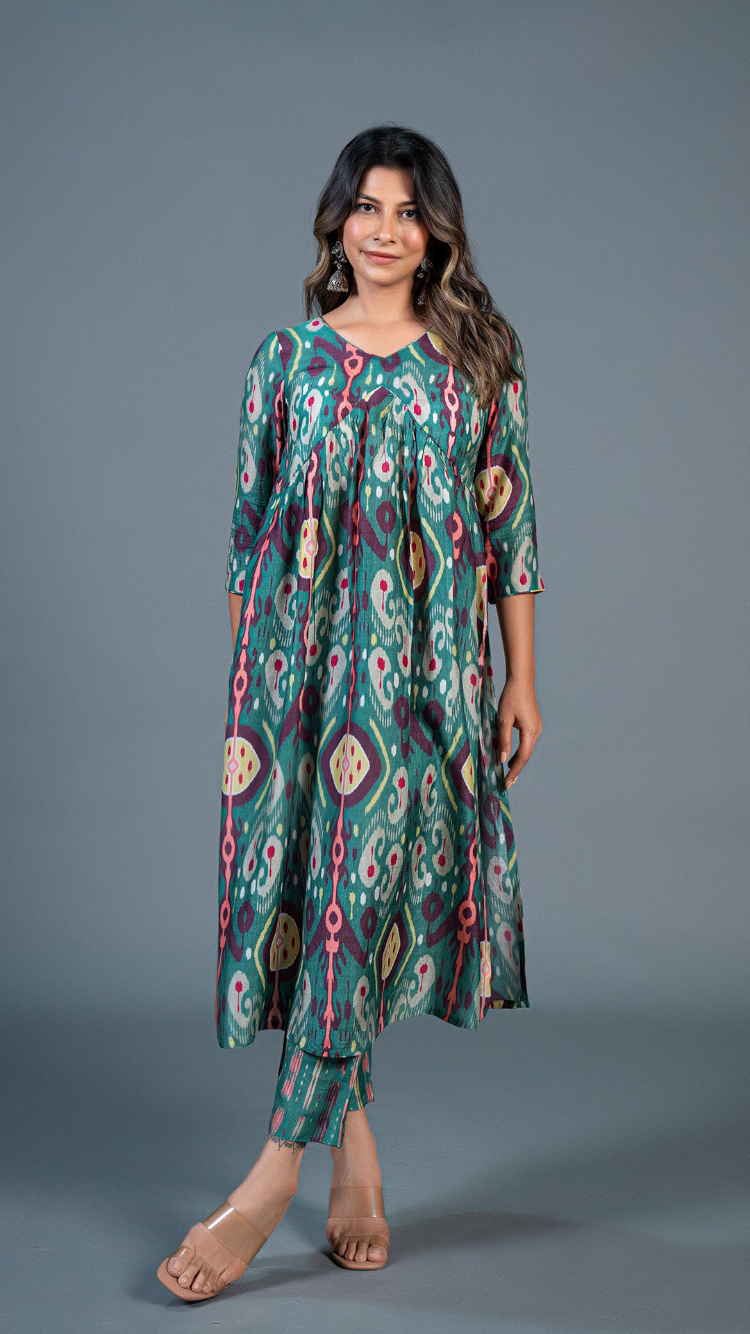 GREEN IKKAT PRINT PLEATED KURTA IN COTTON SILK