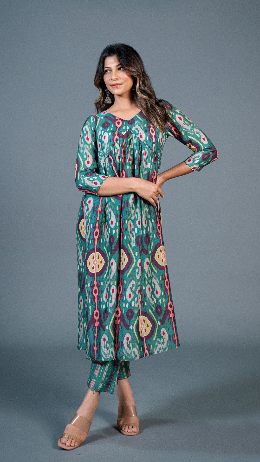 GREEN IKKAT PRINT PLEATED KURTA IN COTTON SILK