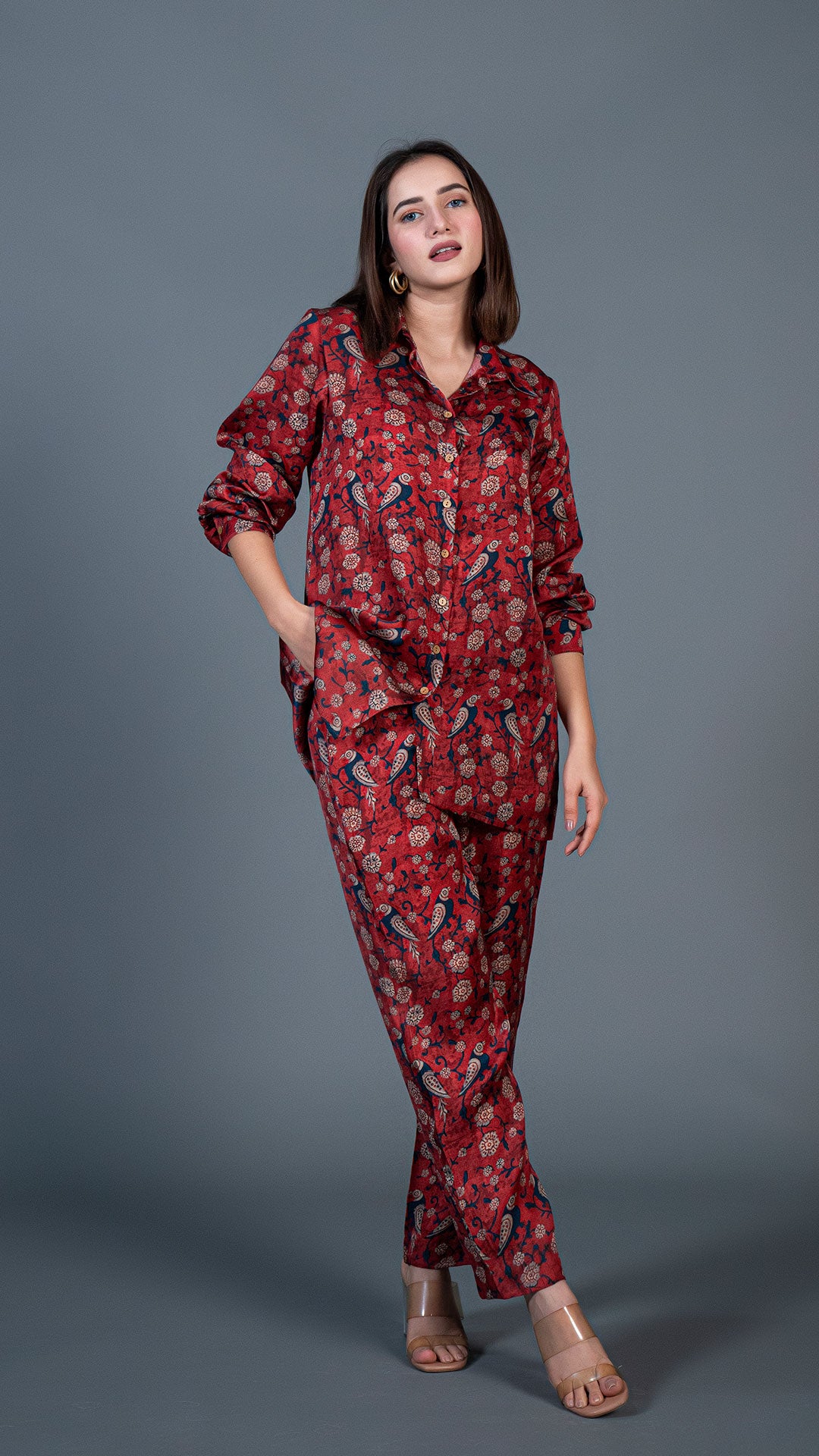 MAROON CO-ORD SET WITH PARROT PRINT IN MODAL SILK