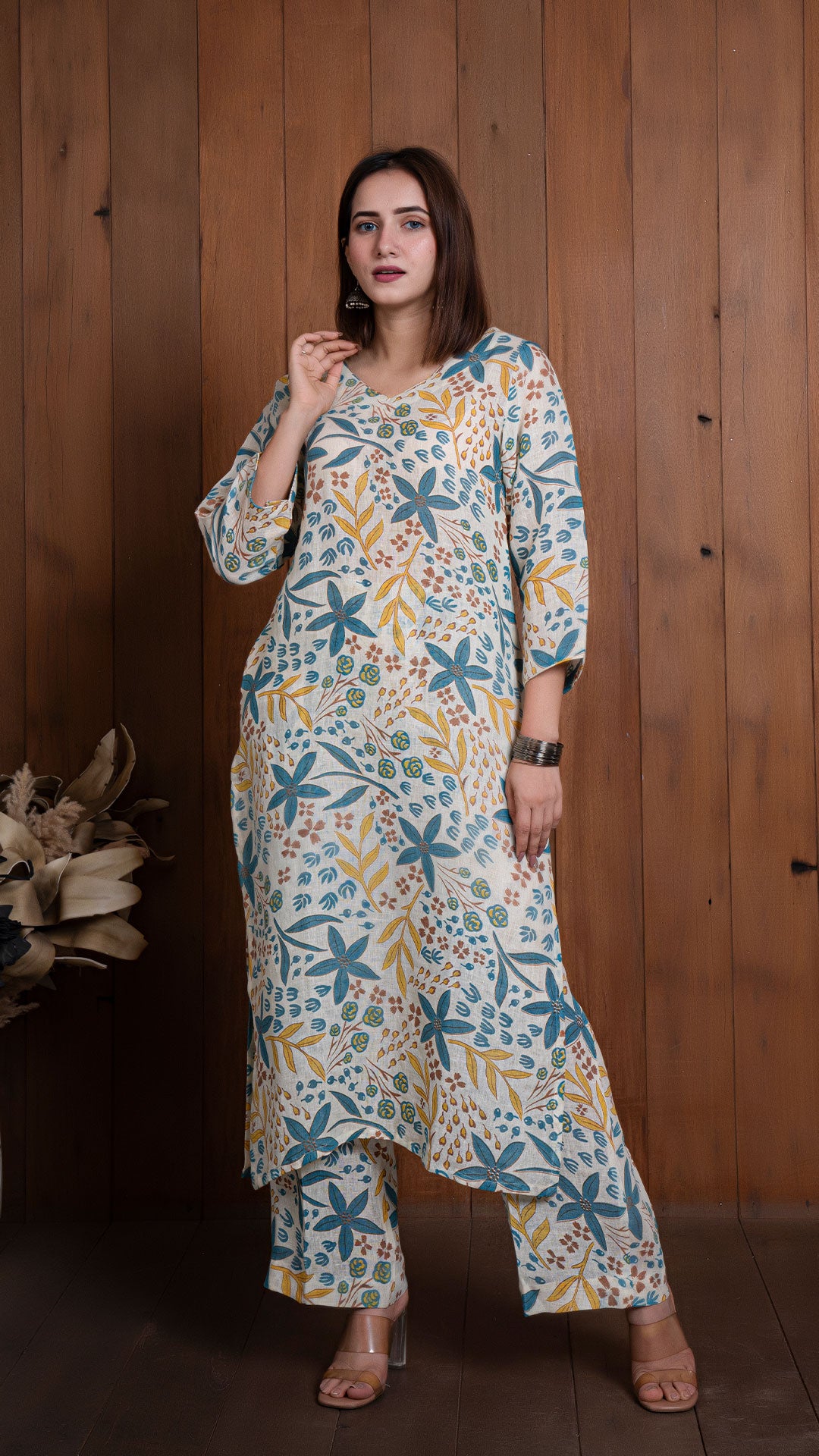 OFF WHITE FLORAL JAAL PURE LINEN KURTA