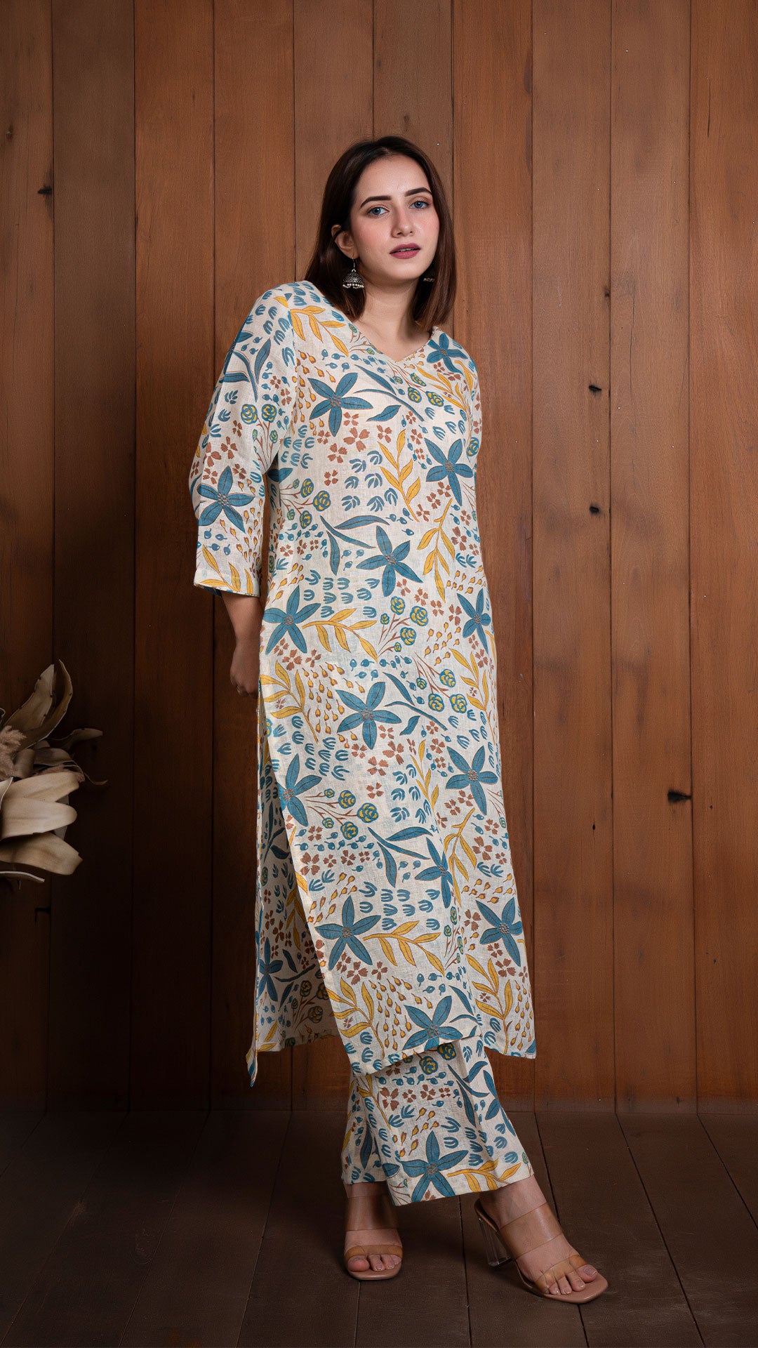 OFF WHITE FLORAL JAAL PURE LINEN KURTA