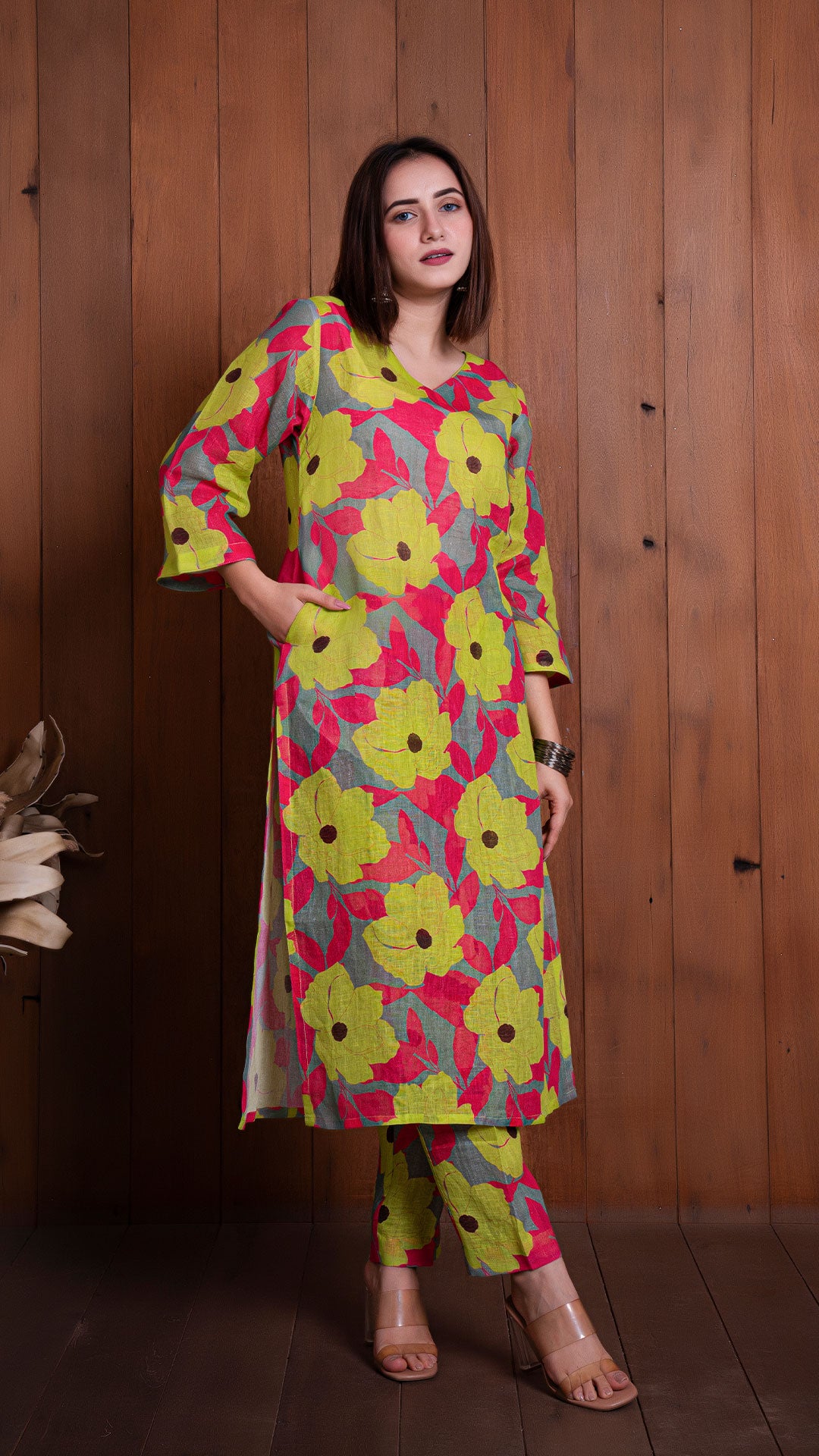 GARDEN OF DREAMS PURE LINEN KURTA - YELLOW/PINK