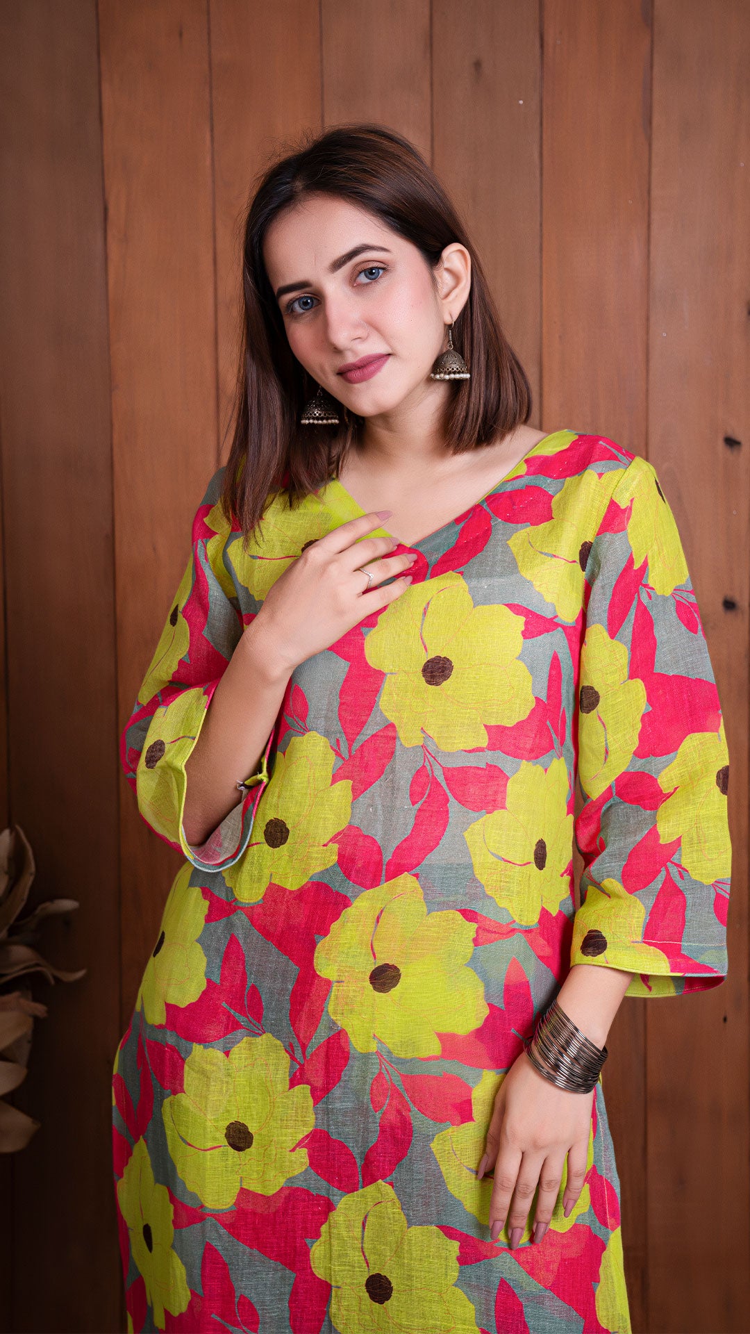 GARDEN OF DREAMS PURE LINEN KURTA - YELLOW/PINK