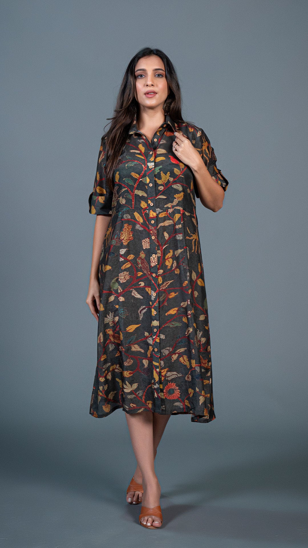 DARK GREEN KALAMKARI COTTON SILK SHIRT DRESS