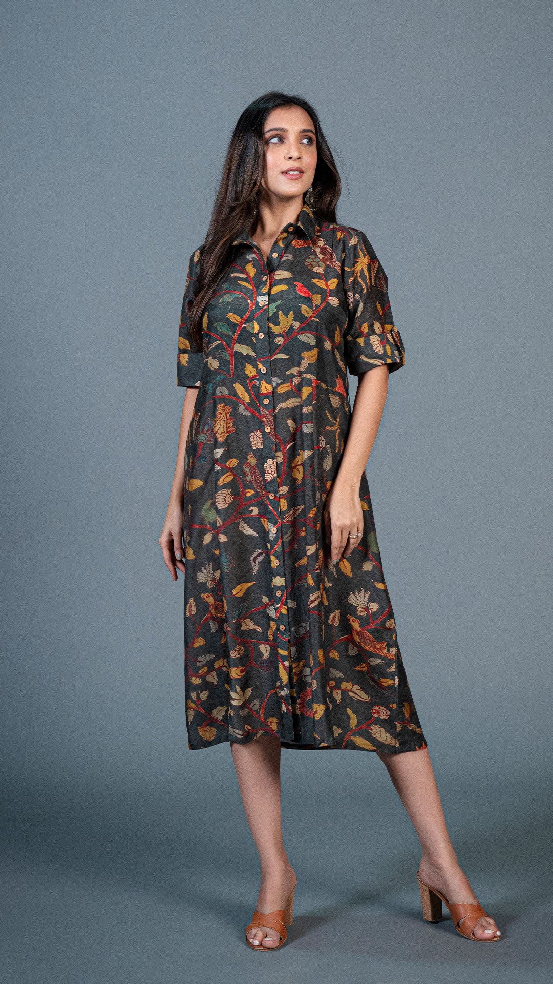 DARK GREEN KALAMKARI COTTON SILK SHIRT DRESS