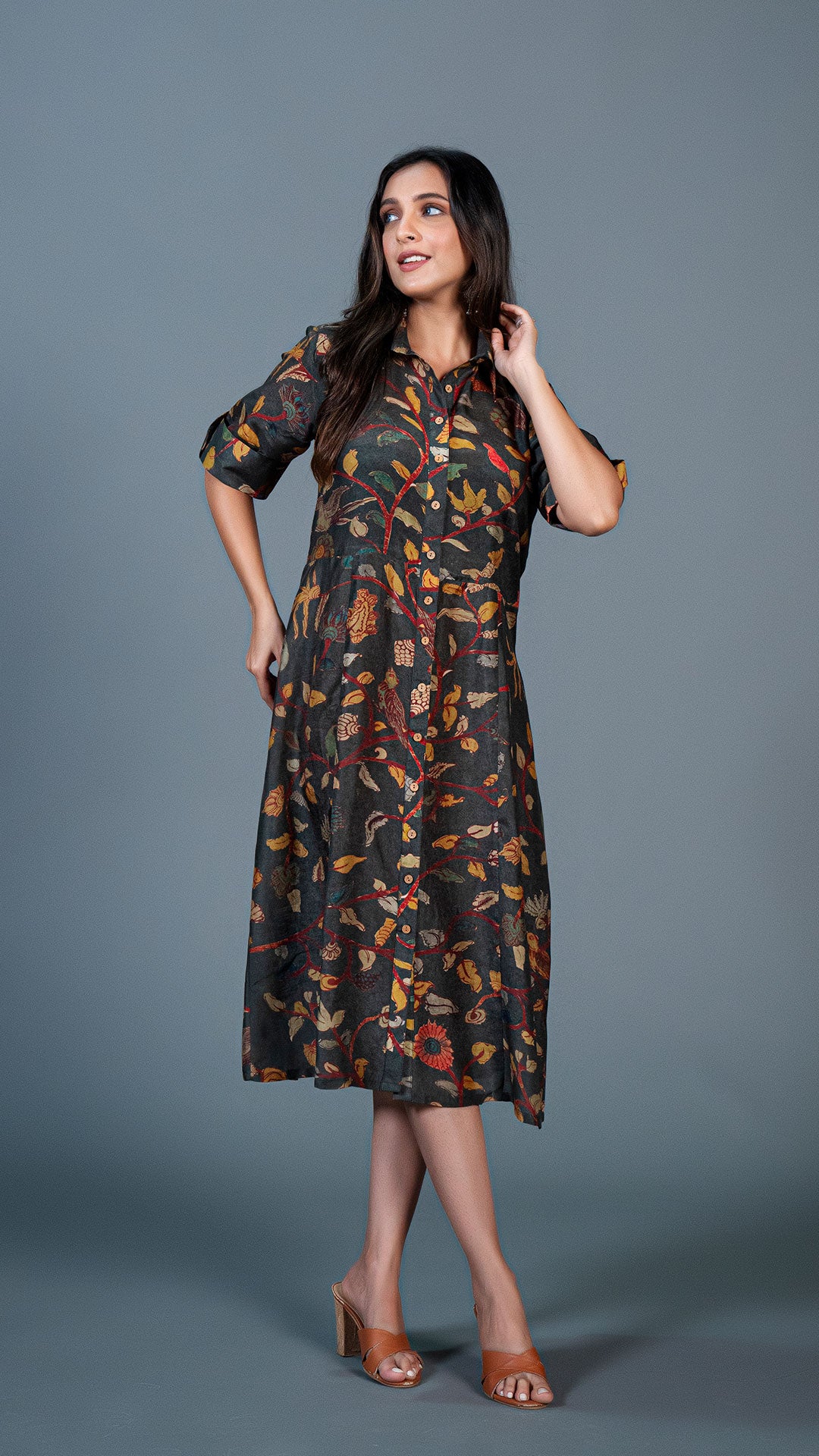 DARK GREEN KALAMKARI COTTON SILK SHIRT DRESS