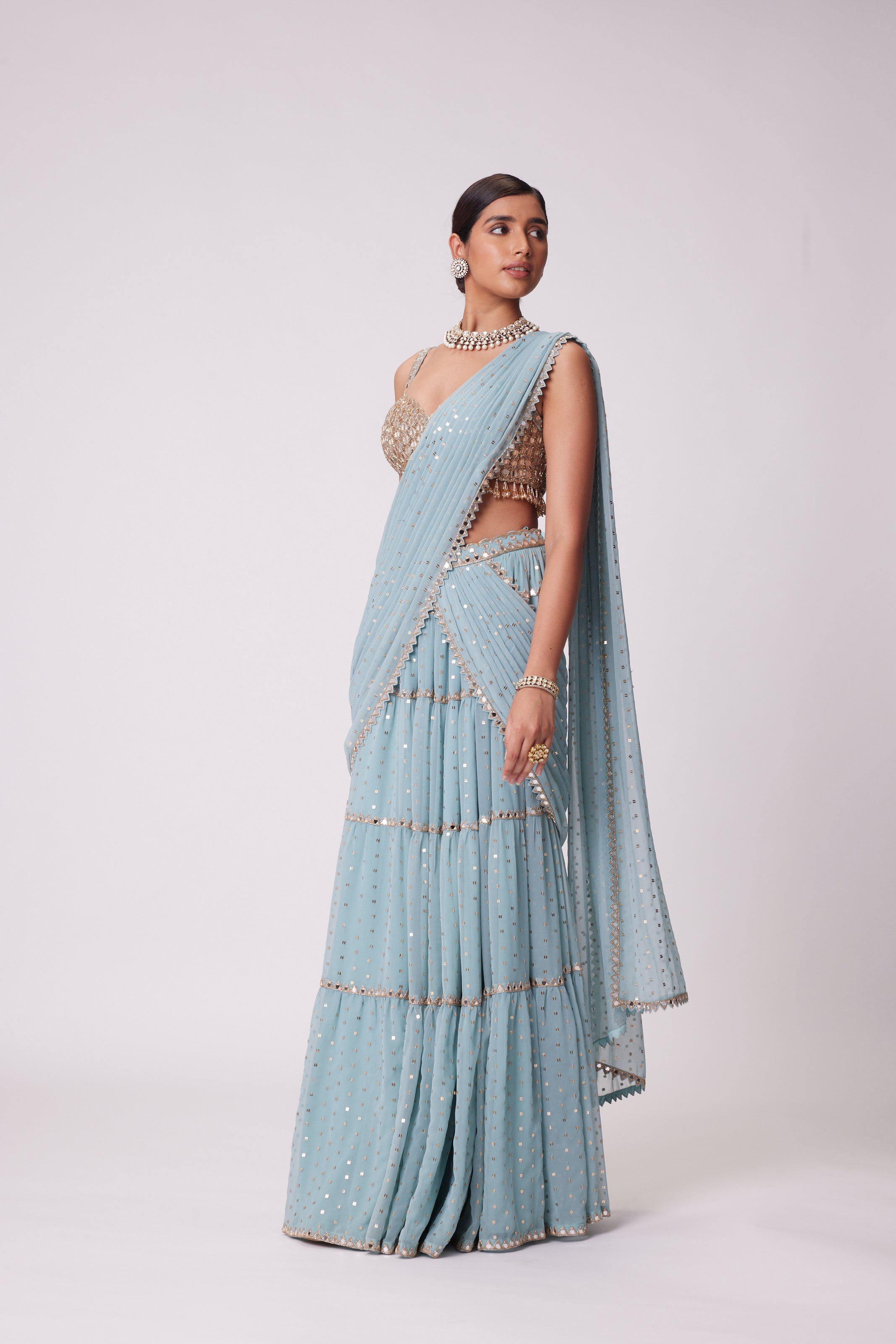 POWDER BLUE MULTI TIER SAREE SET