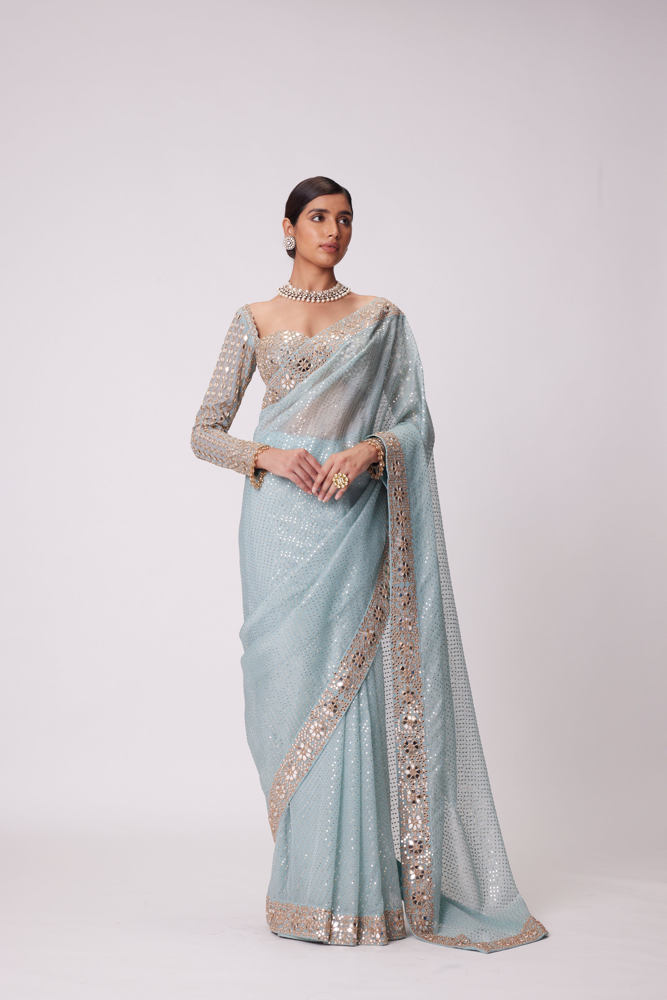 POWDER BLUE ORGANZA SAREE SET