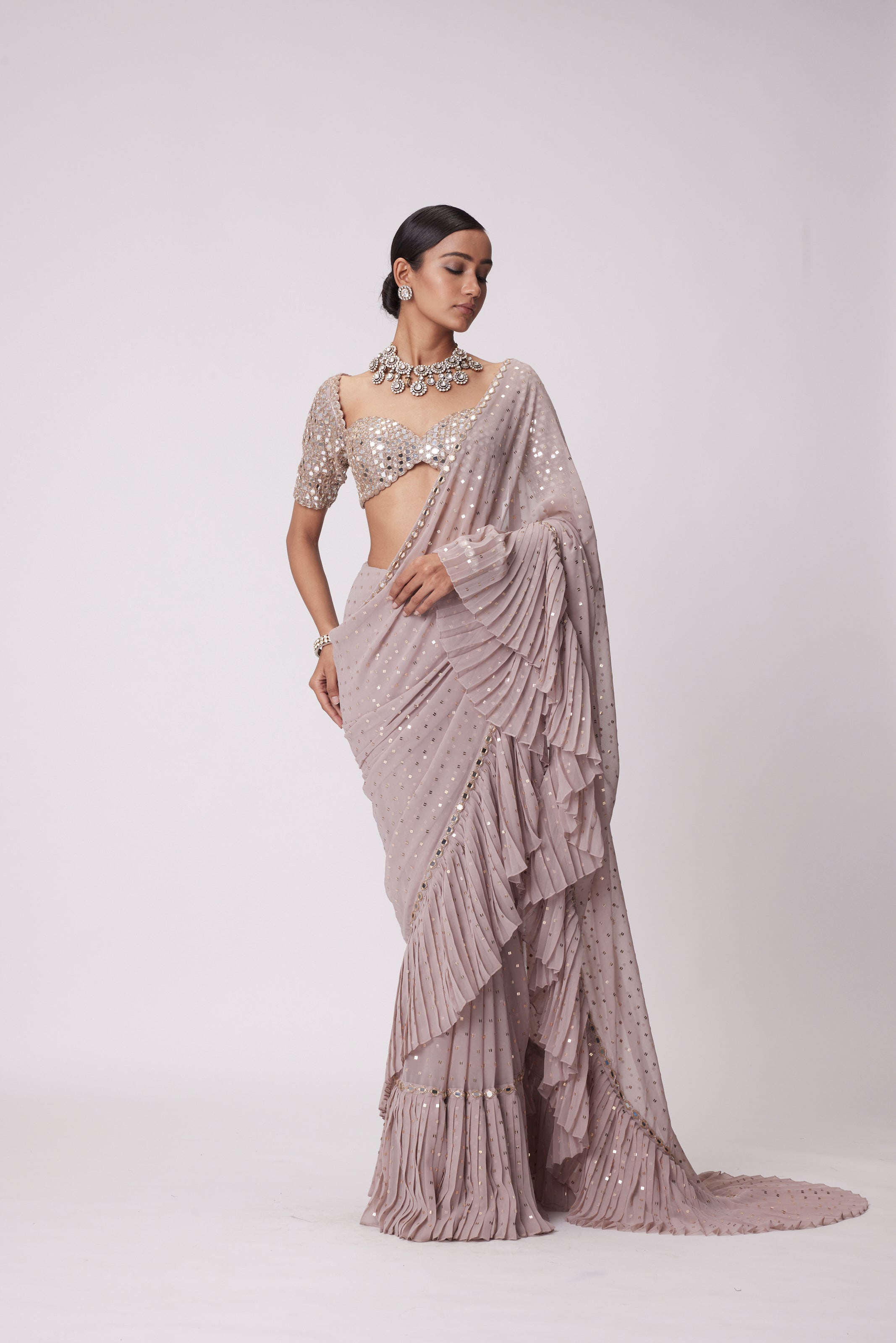 ASH PINK GEORGETTE FRILL SAREE SET