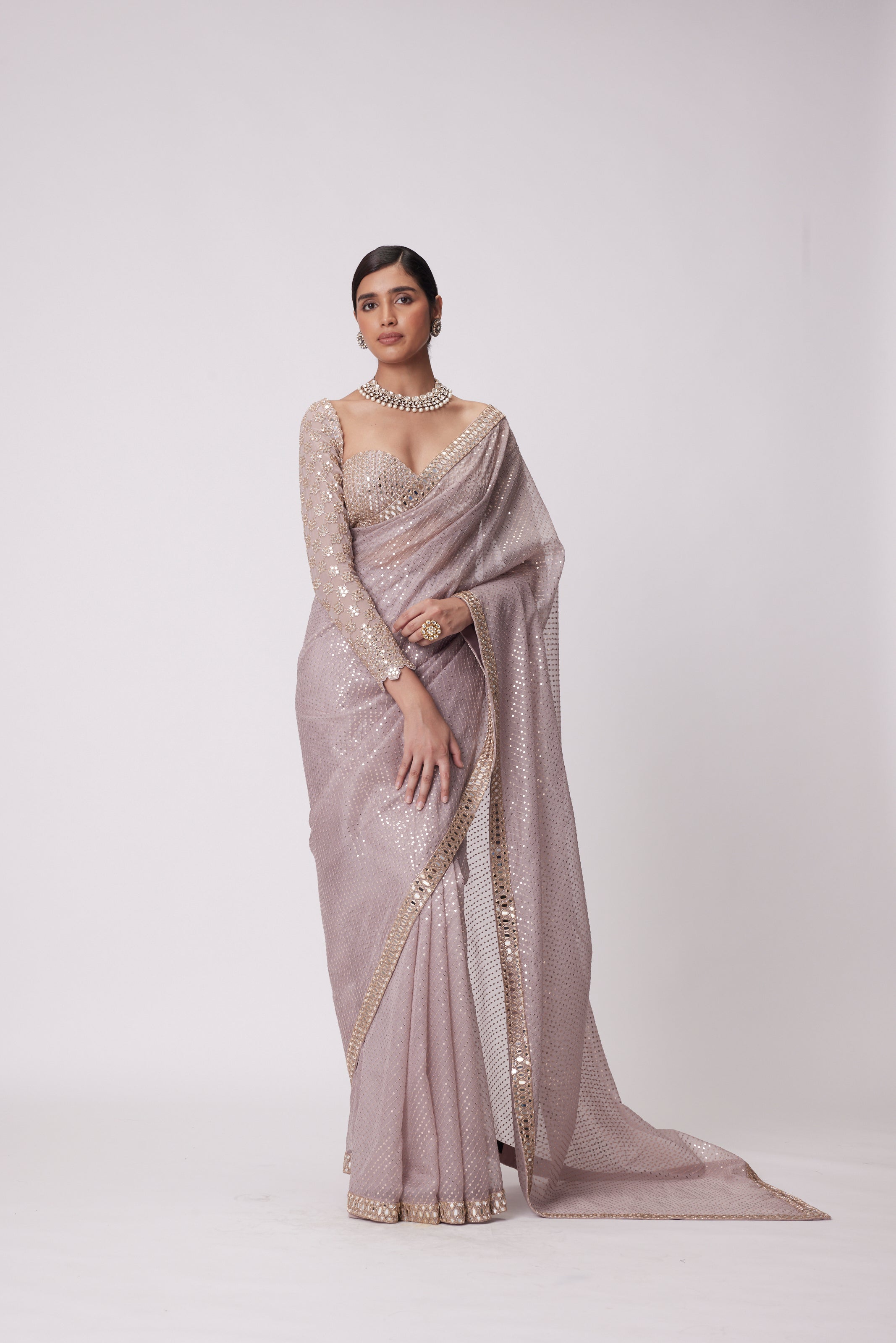 ASH PINK HAND EMBROIDERED ORGANZA SAREE SET