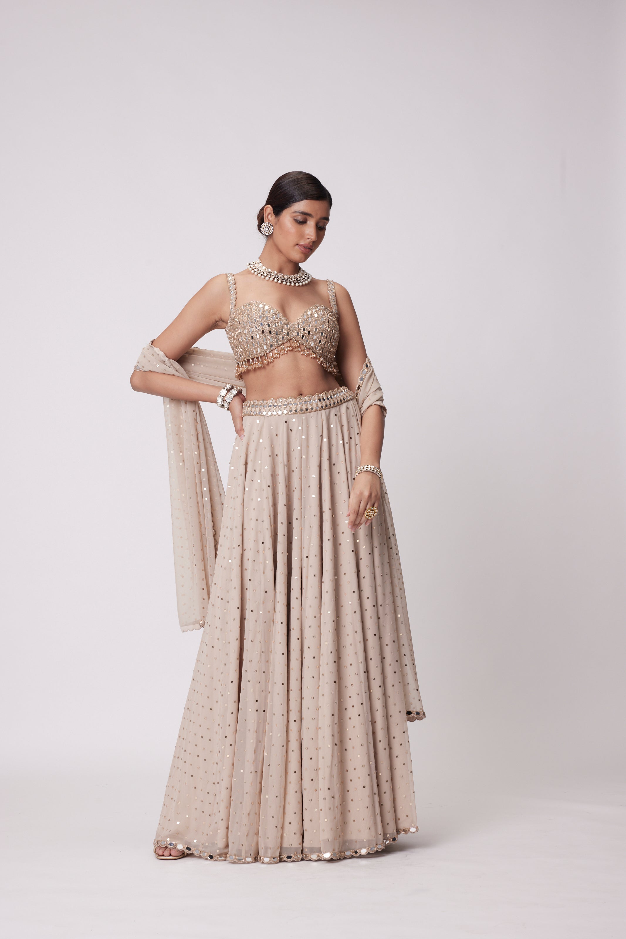 LIGHT BEIGE GEORGETTE LEHENGA PANTS SET