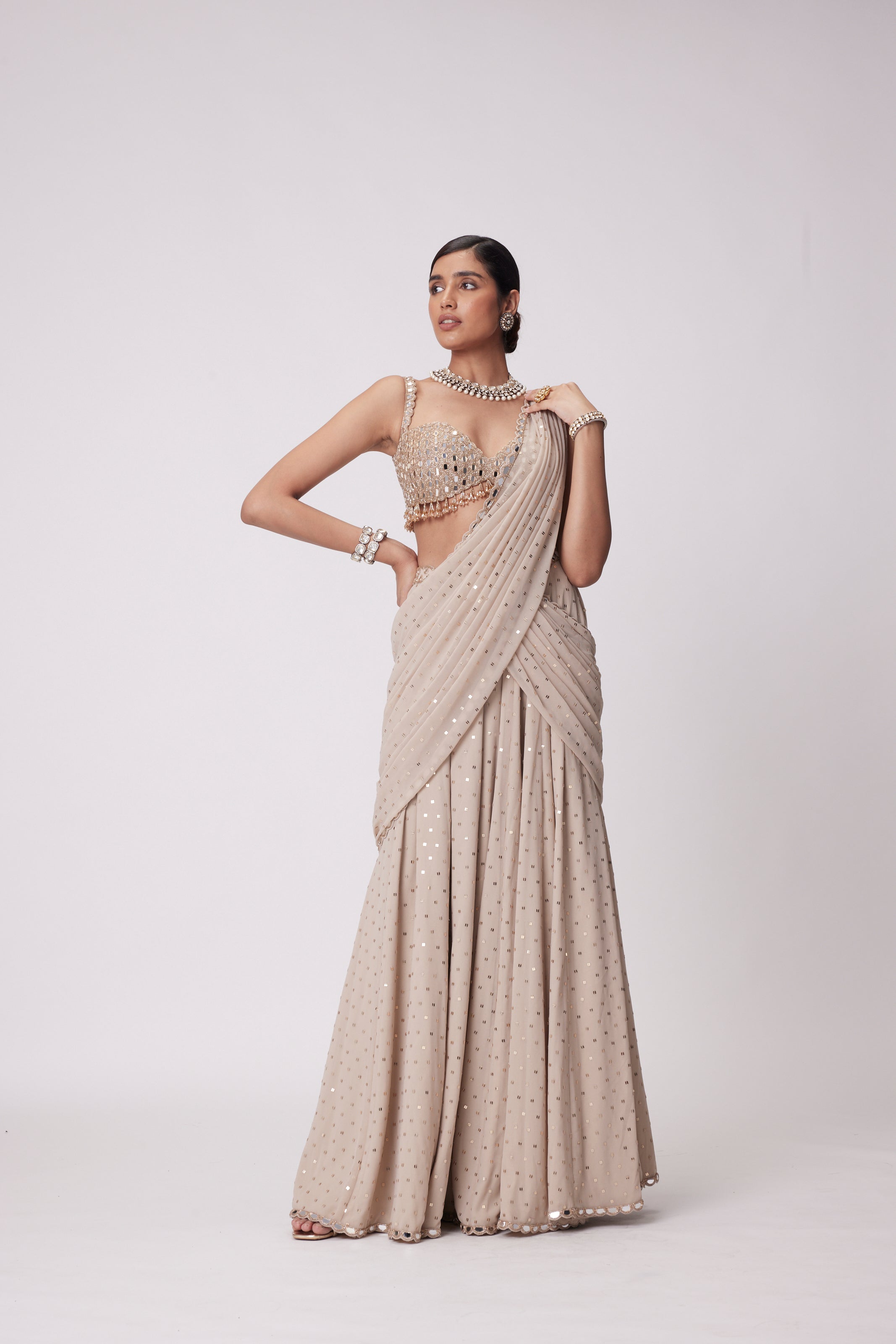 LIGHT BEIGE GEORGETTE PRE DRAPED SAREE SET