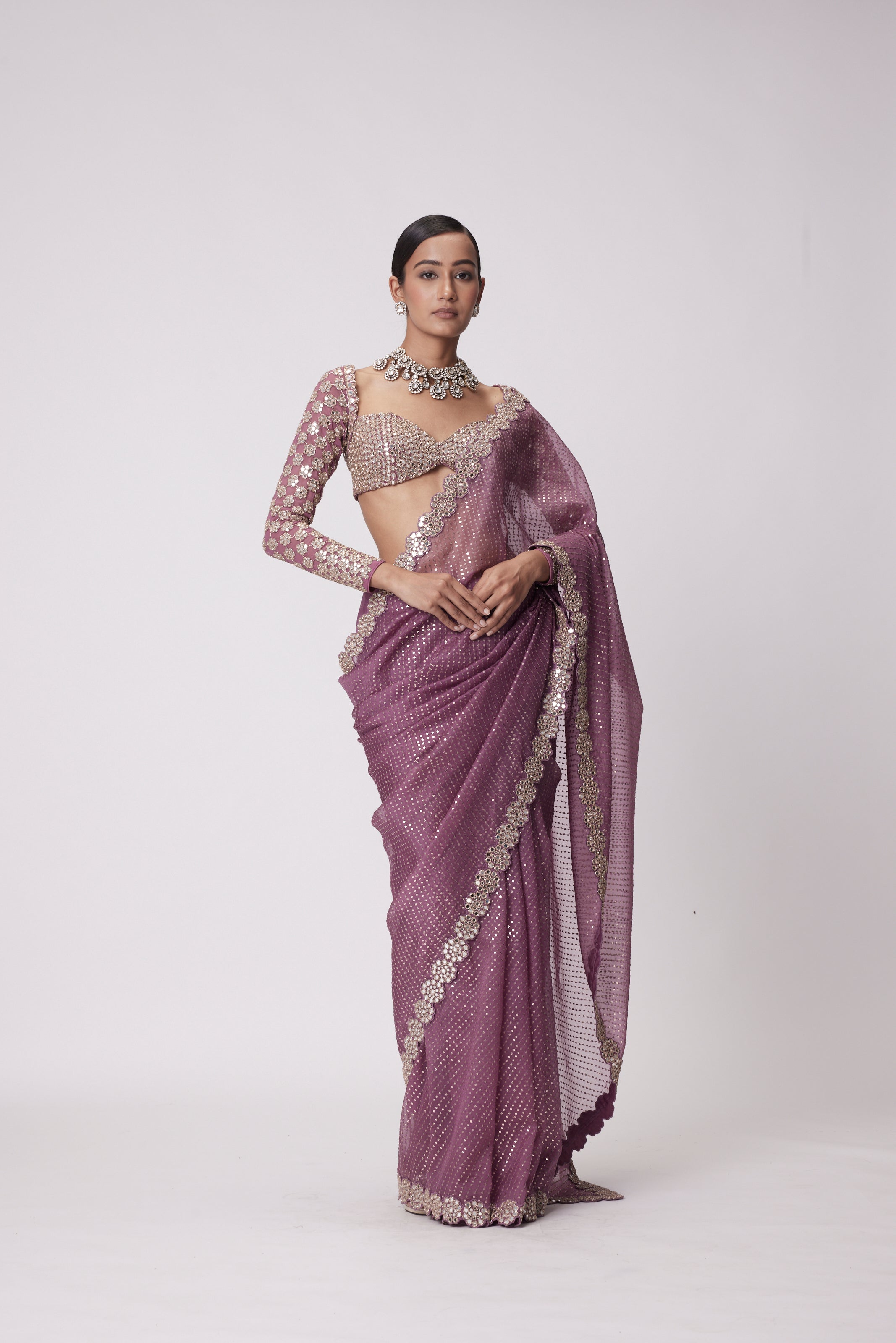 MUD MAUVE HAND EMBROIDERED ORGANZA SAREE SET