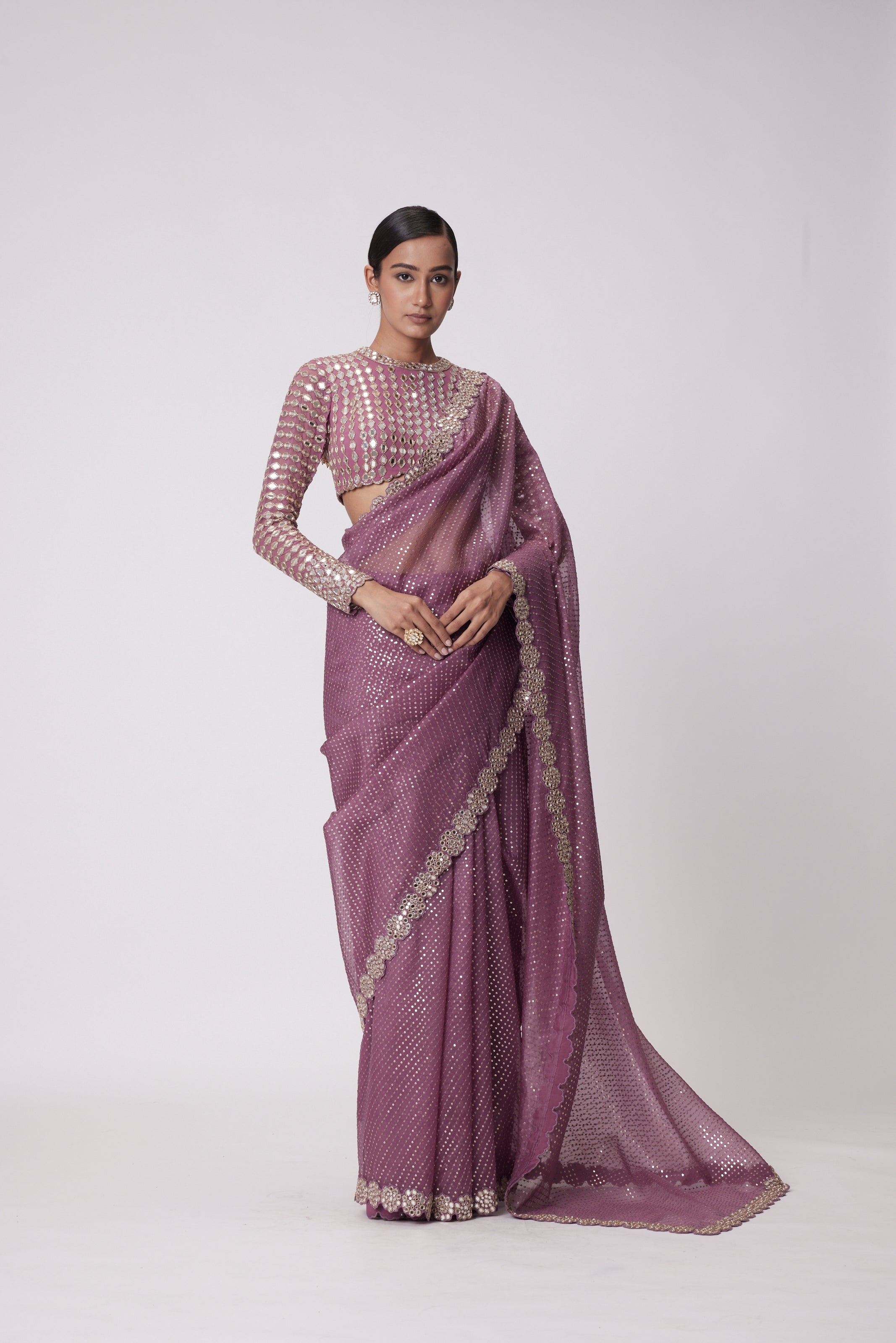 MUD  MAUVE HAND EMBROIDERED SAREE SET