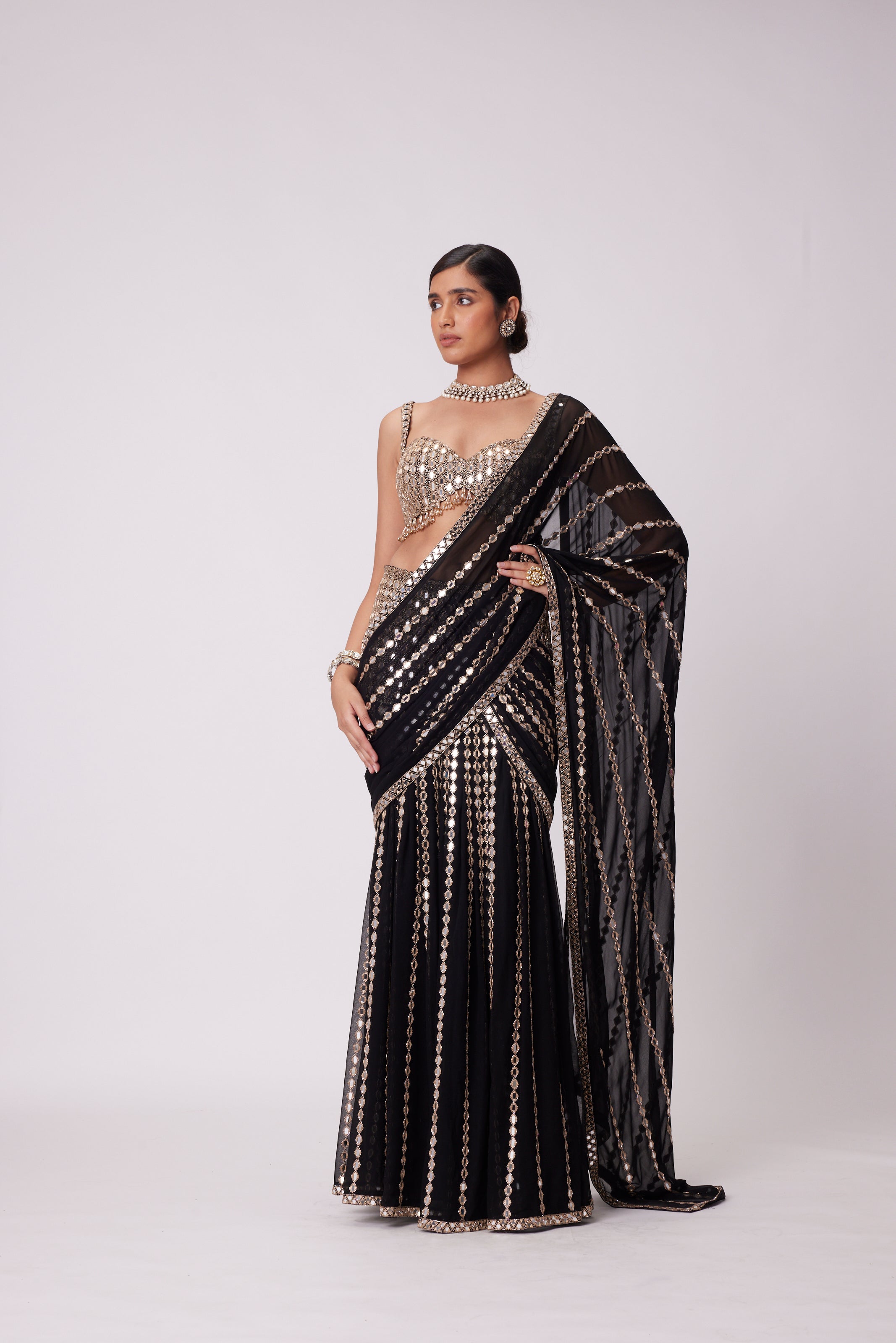 BLACK PRE DRAPED HAND EMBROIDERED SAREE SET