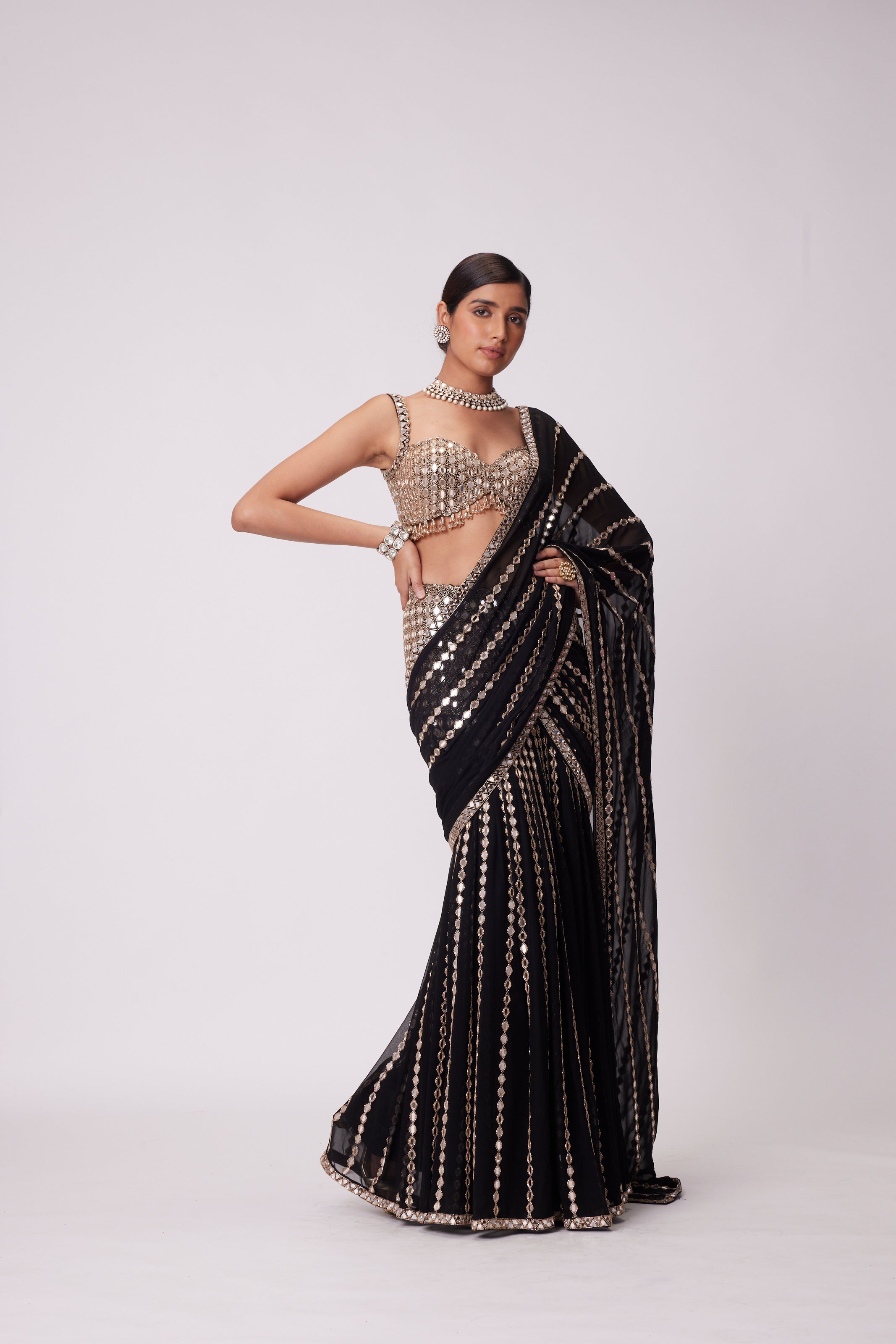 BLACK PRE DRAPED HAND EMBROIDERED SAREE SET