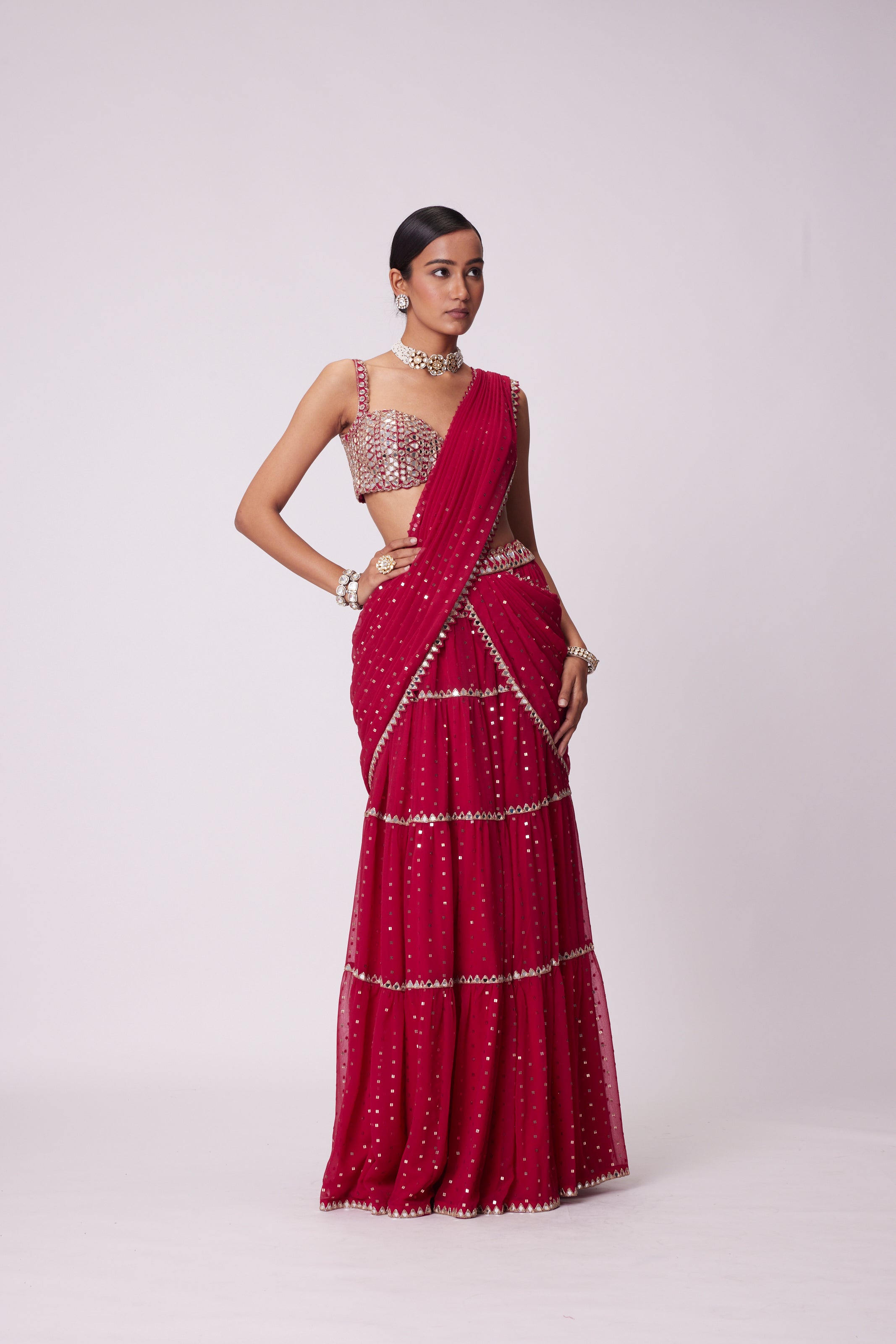 CRIMSON RED MULTI- TIER SEQUIN EMBROIDERED SAREE SET