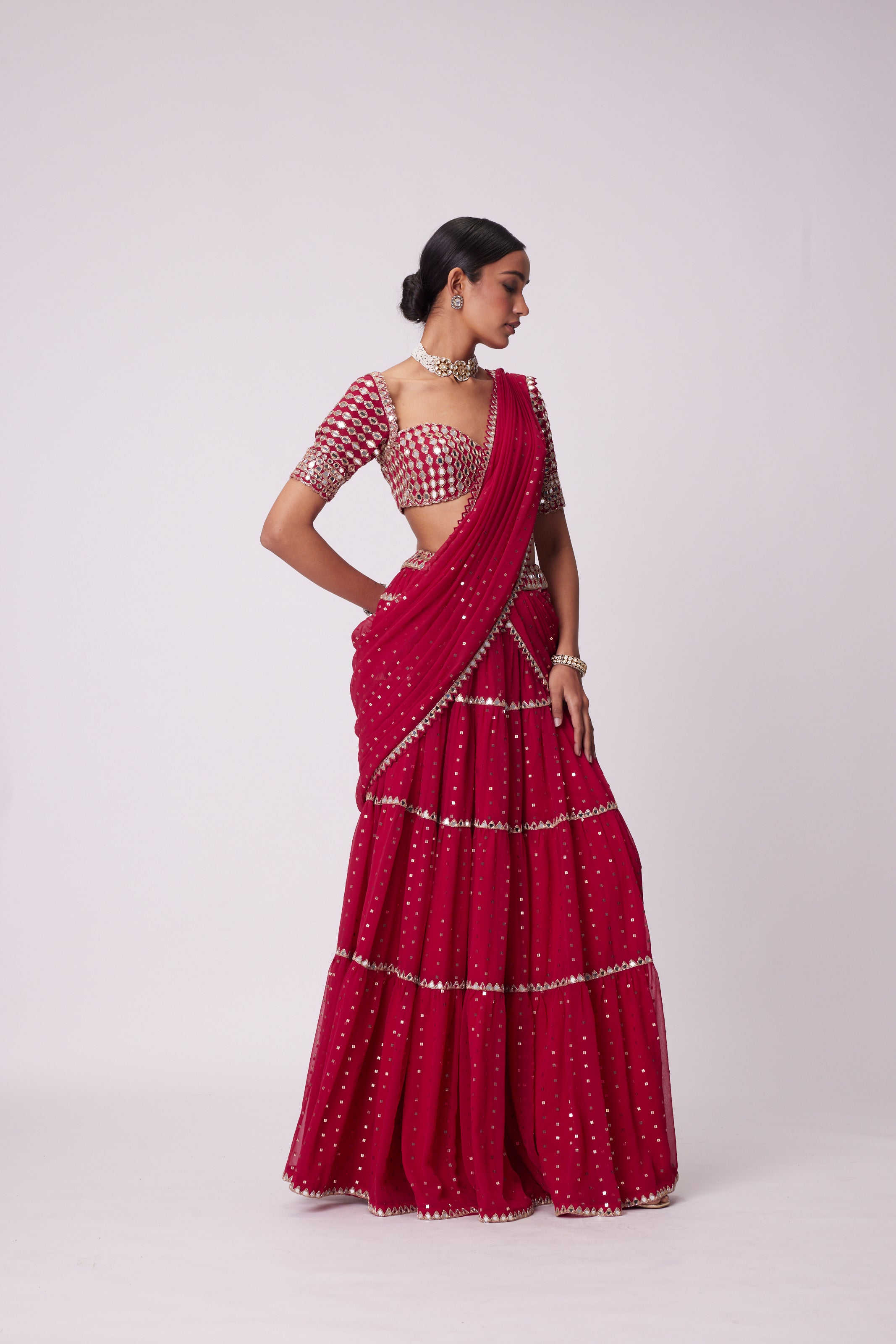 CRIMSON RED MULTI- TIER SAREE SET