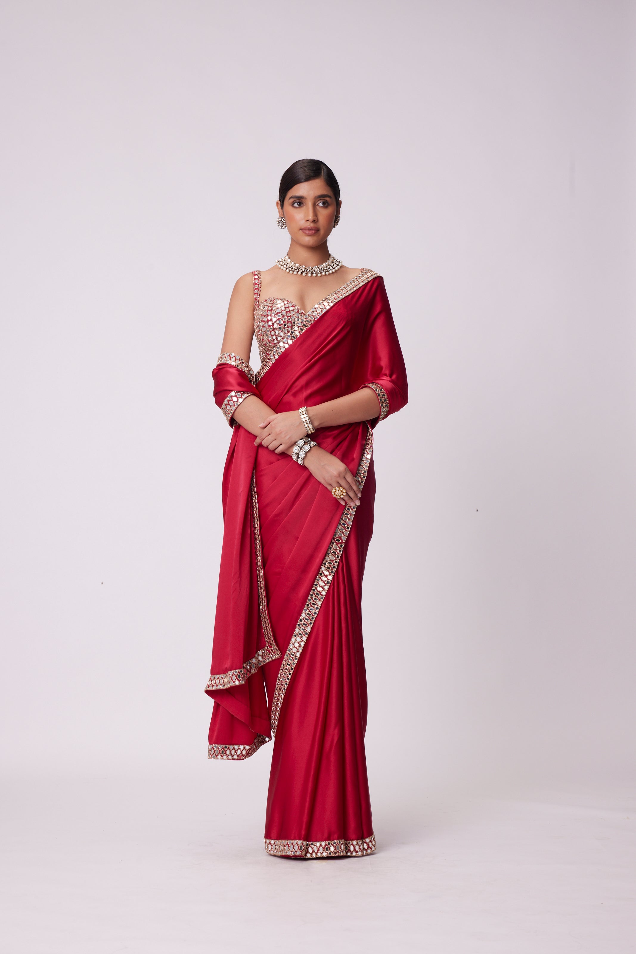 CRIMSON RED SATIN SAREE SET