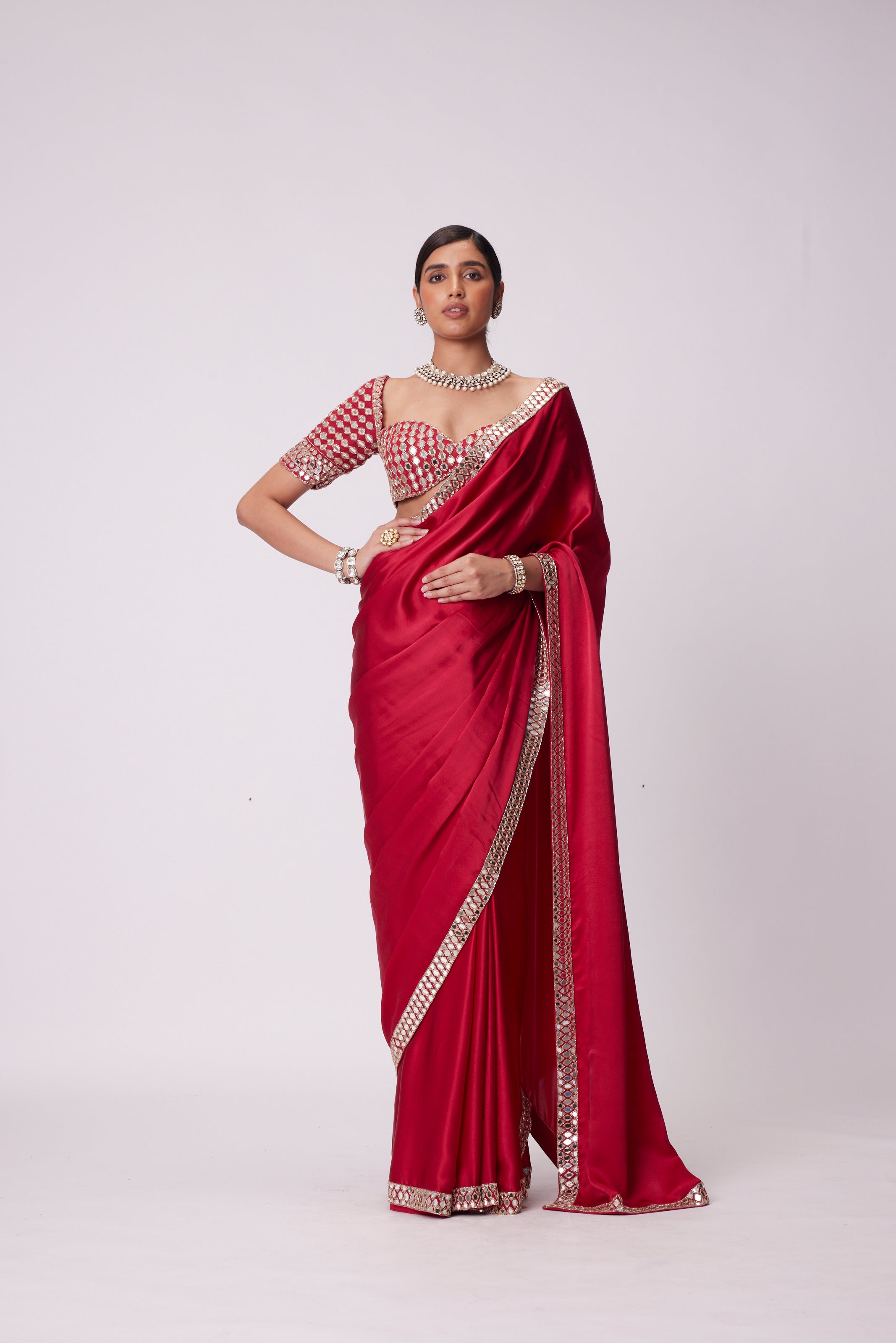 CRIMSON RED  SATIN MIRROR EMBROIDERED SAREE SET