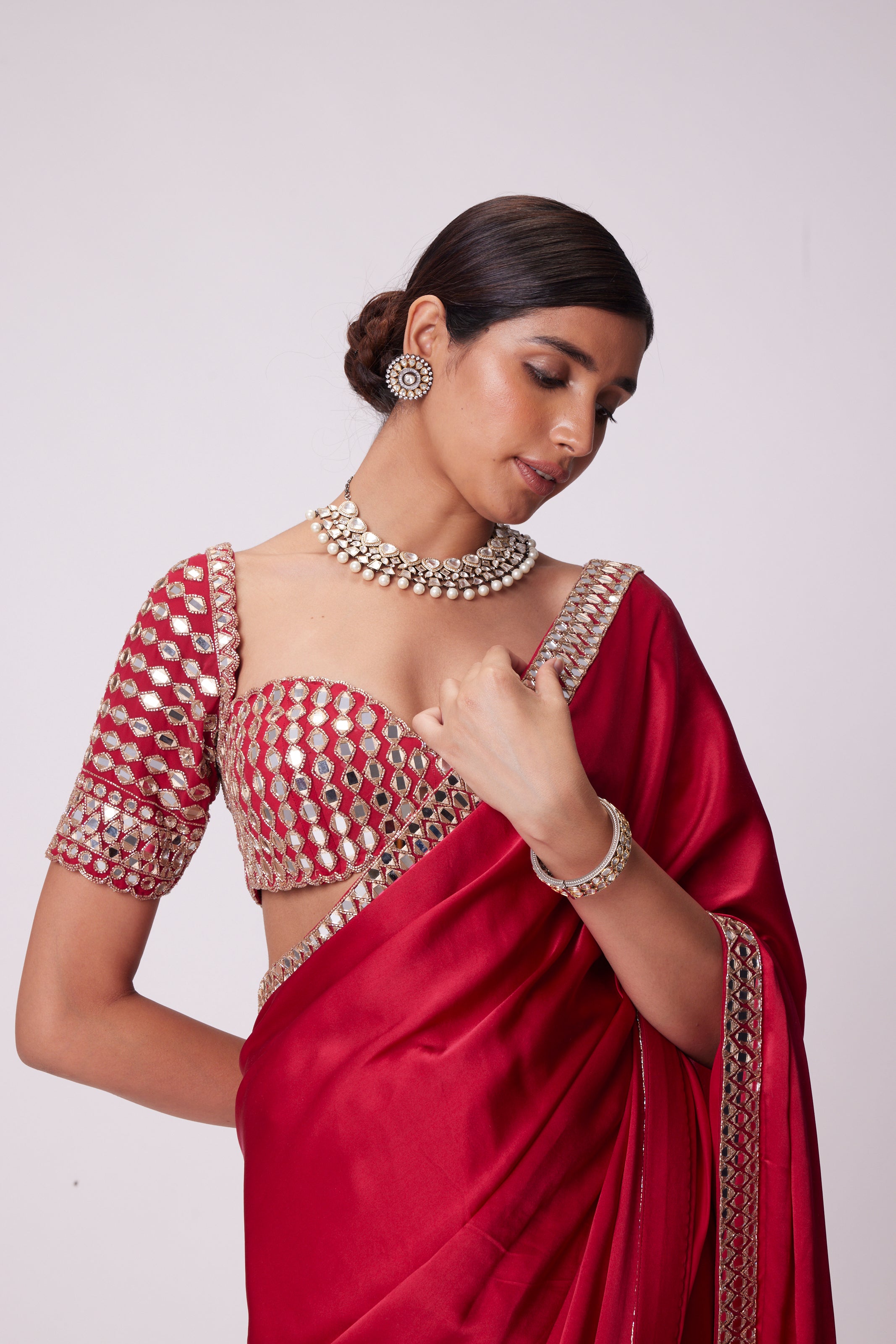 CRIMSON RED  SATIN MIRROR EMBROIDERED SAREE SET