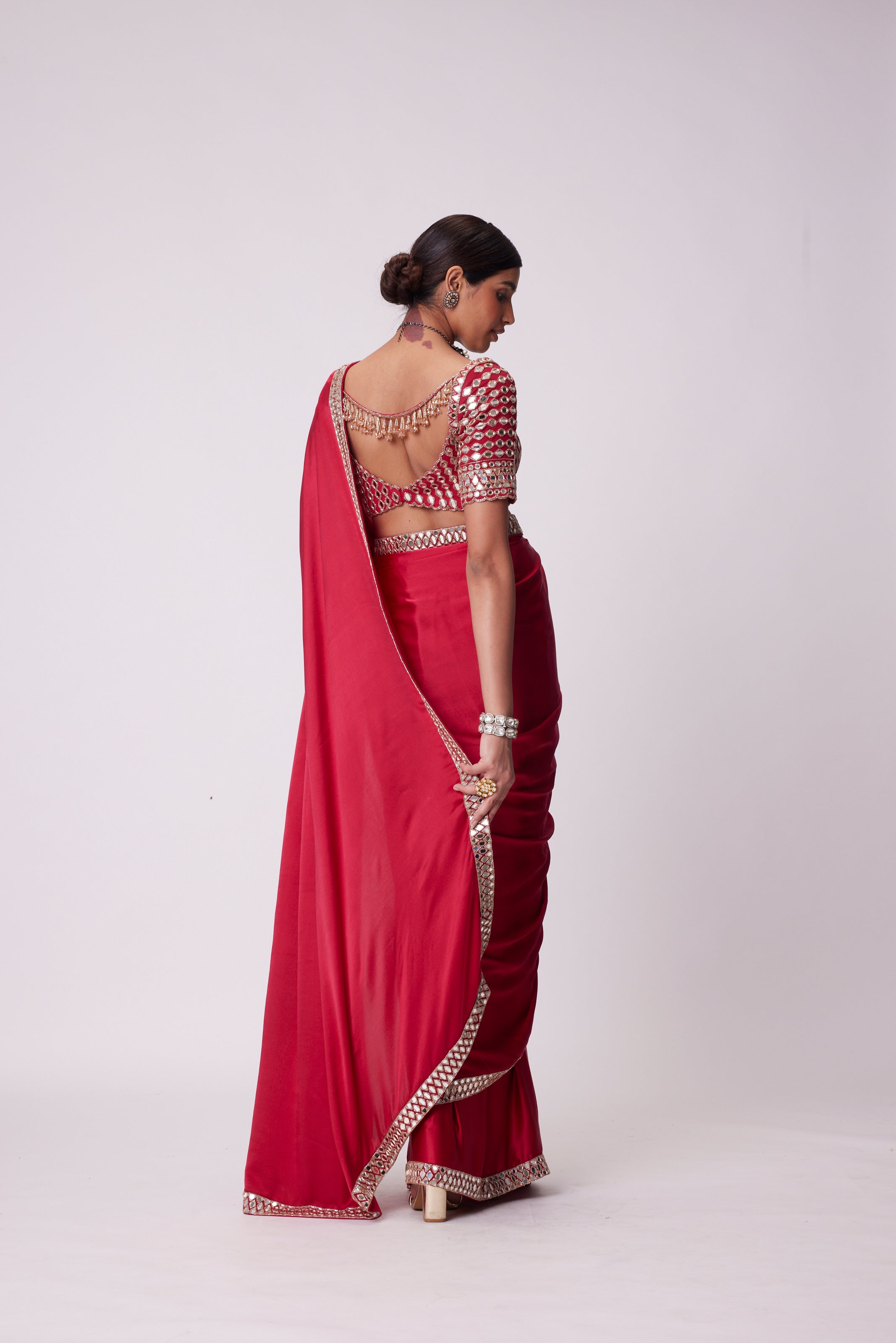 CRIMSON RED  SATIN MIRROR EMBROIDERED SAREE SET