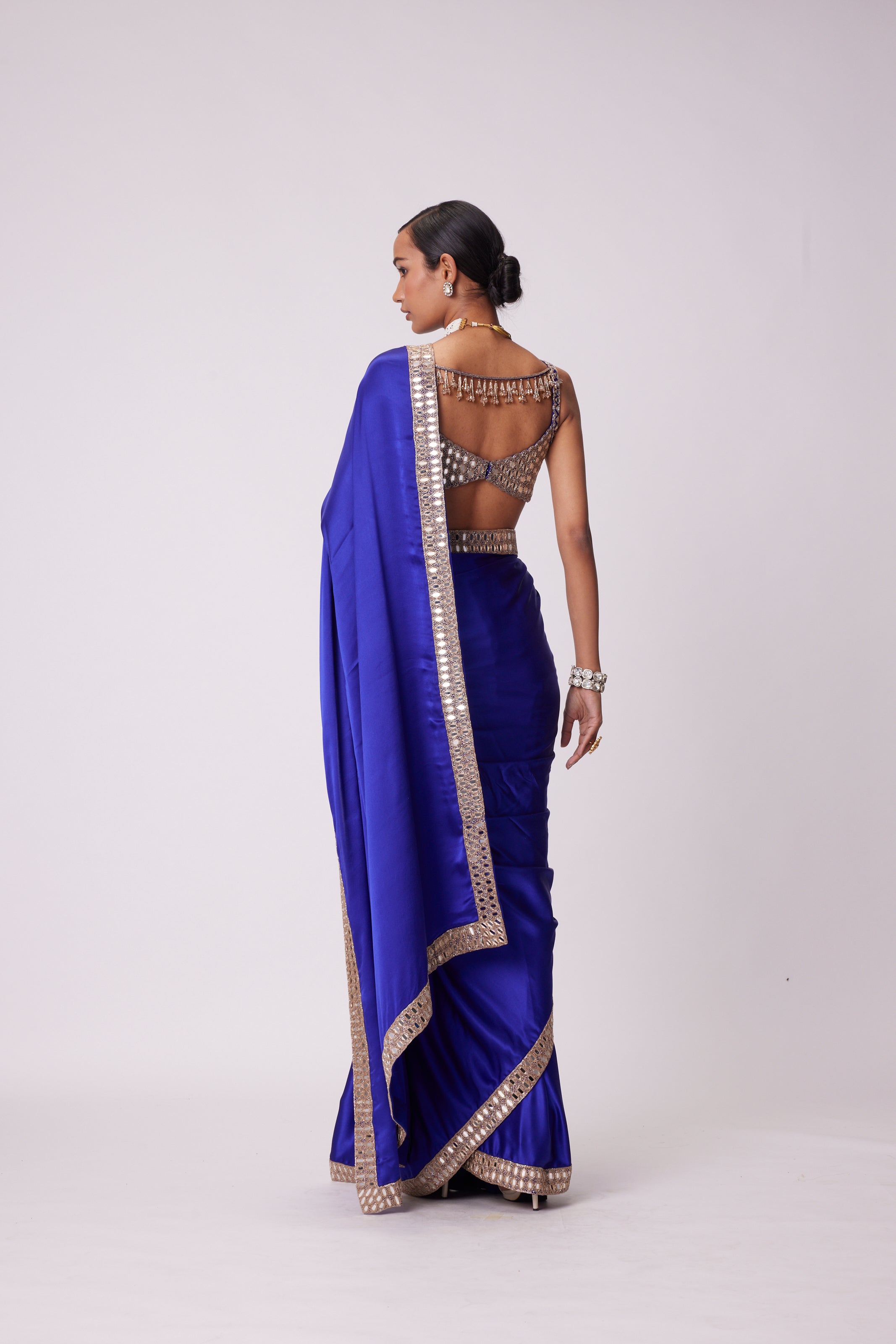 PERSIAN BLUE HAND EMBROIDERED SATIN SAREE SET