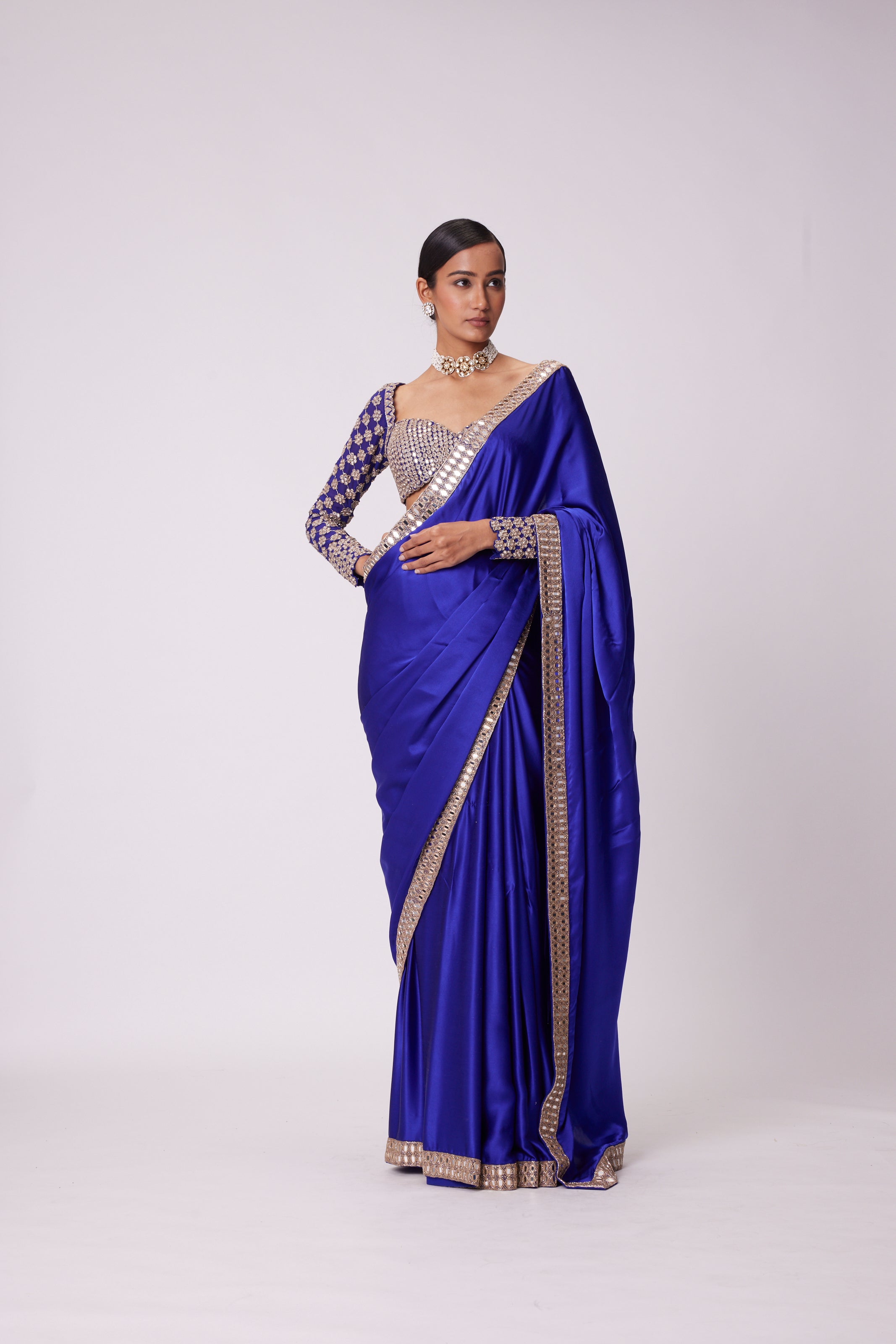 PERSIAN BLUE SATIN SAREE SET